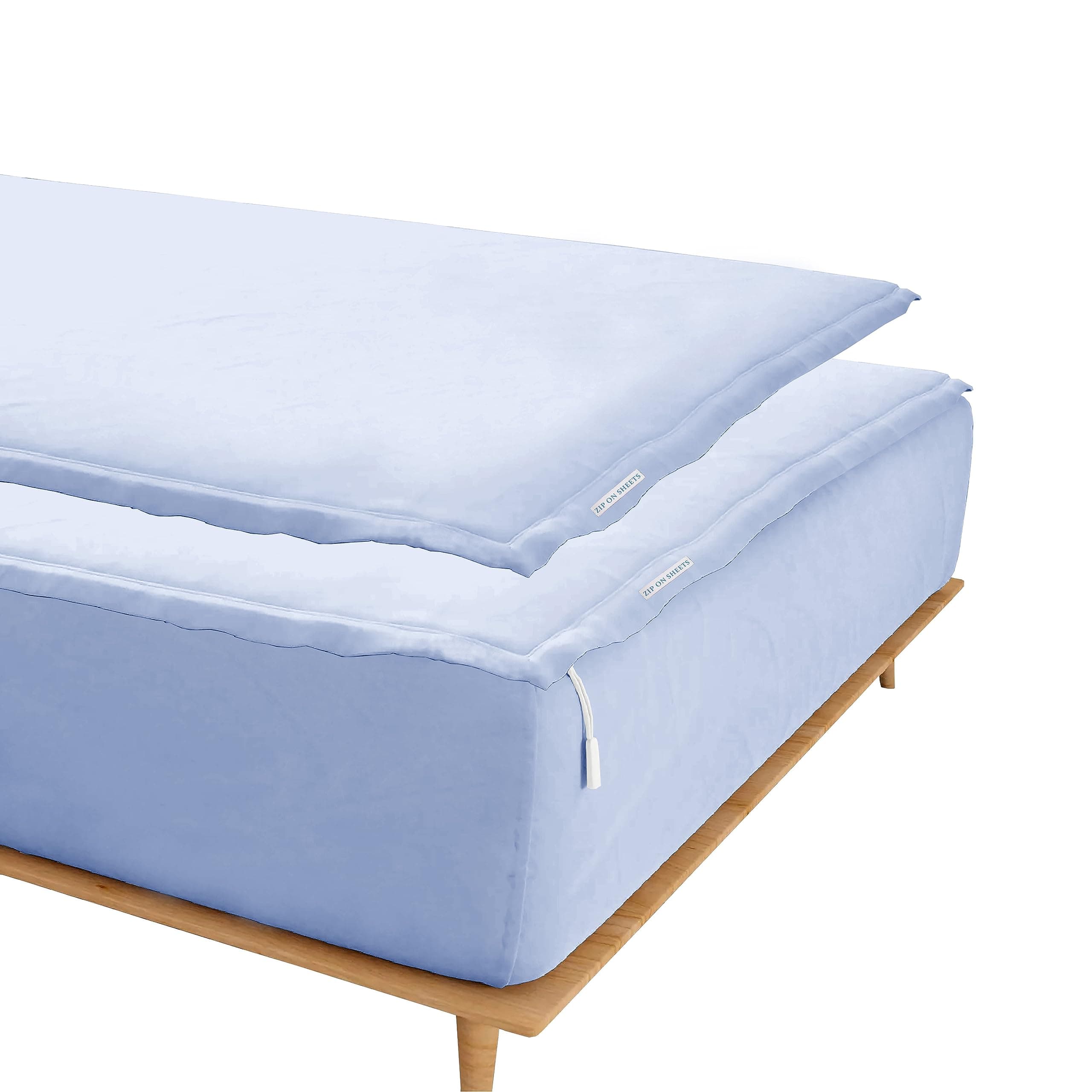 Zip On Sheets™ Zipper Fitted Sheet King Size - Upto 16” Inch Deep Pockets - Includes 1 Fitted Sheet Base & 2 Zip-On Sheets - Easy to Use, Sateen Cotton 500 TC Fitted Sheet - Sky Blue