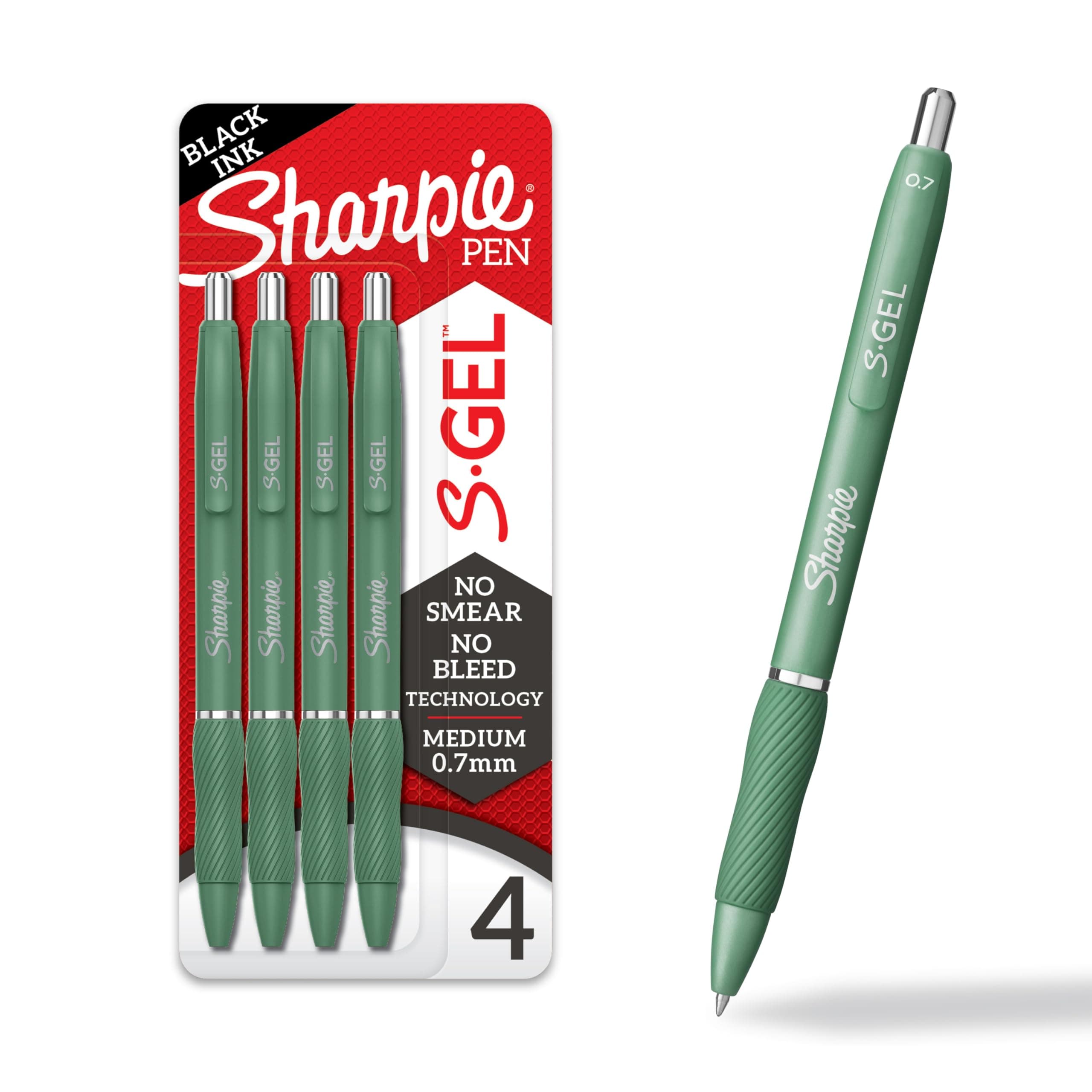 4 x S-Gel Pens Medium Tip (0.7mm) Green Barrel Black Ink