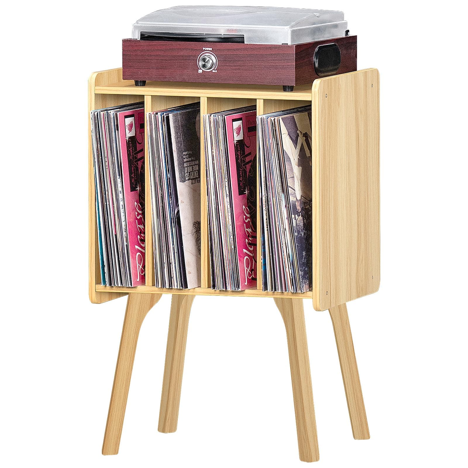 LELELINKY Small Record Player Stand - Width 11.7 in, Natural Vinyl Record Storage Table with 4 Cabinet Up to 80 Albums, Vinyl Holder with Wood Legs,Turntable Stand Display Shelf for Living Room