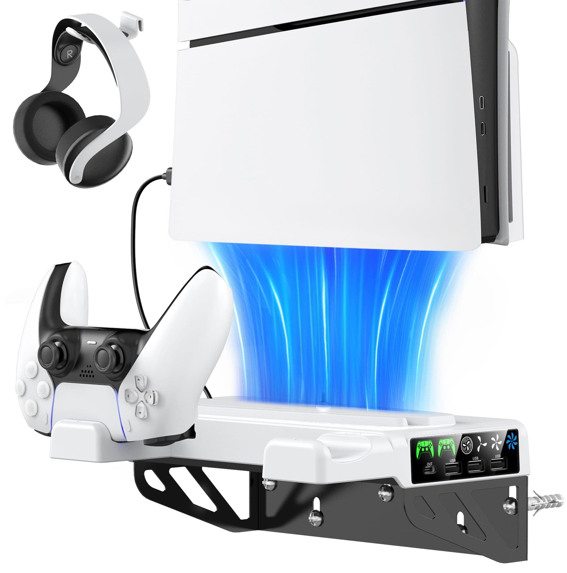PS5/Slim/Pro Wall Mount Kit with Cooling Fan and Charging Station, Floating PS5 Shelf Bracket for All PlayStation 5/Slim/Pro Discs and Digital Console, Support