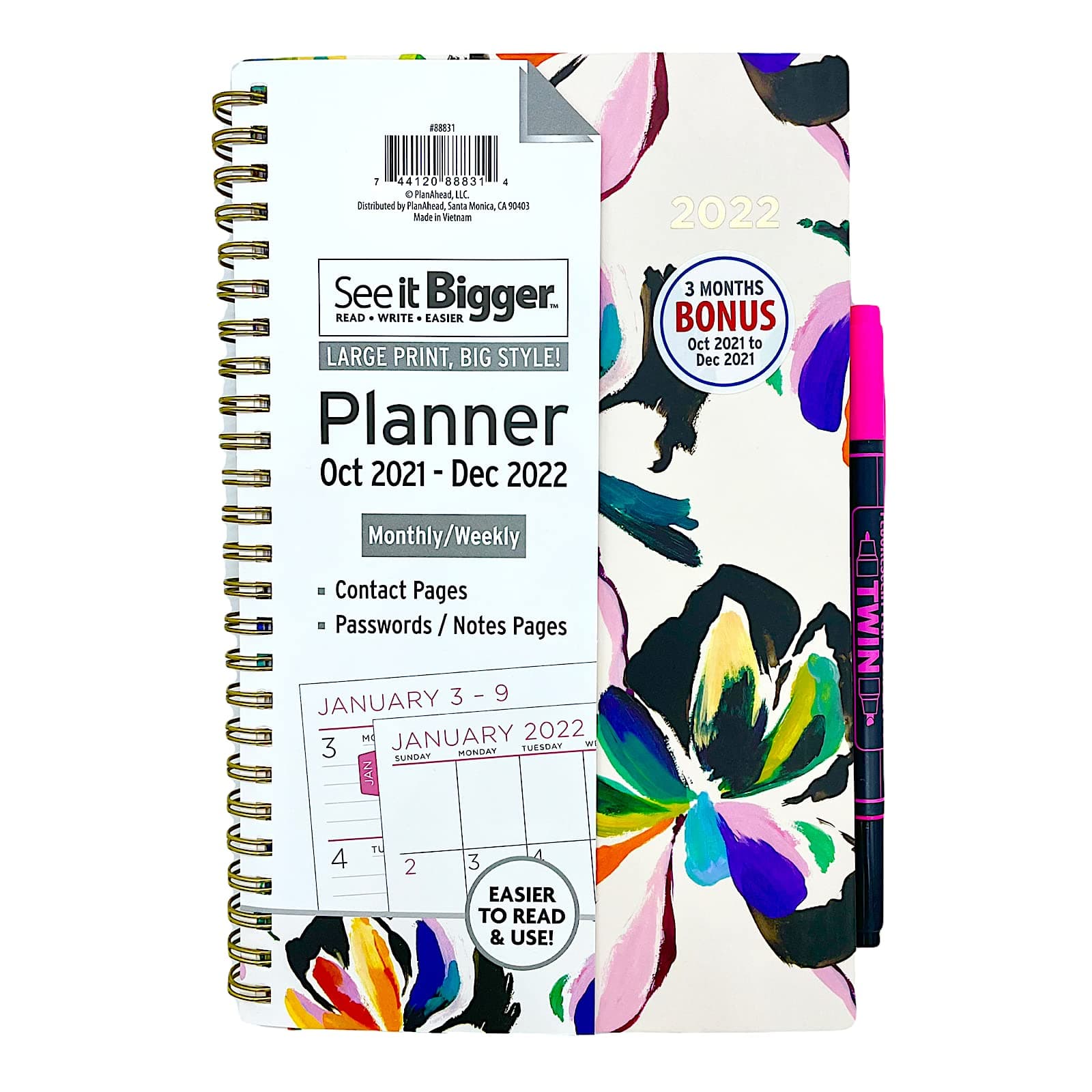 PlanAheadSee IT Bigger Oct 2019 - Dec 2020 Monthly/Weekly Medium Planner Calendar and Twin Fluorescent Pen