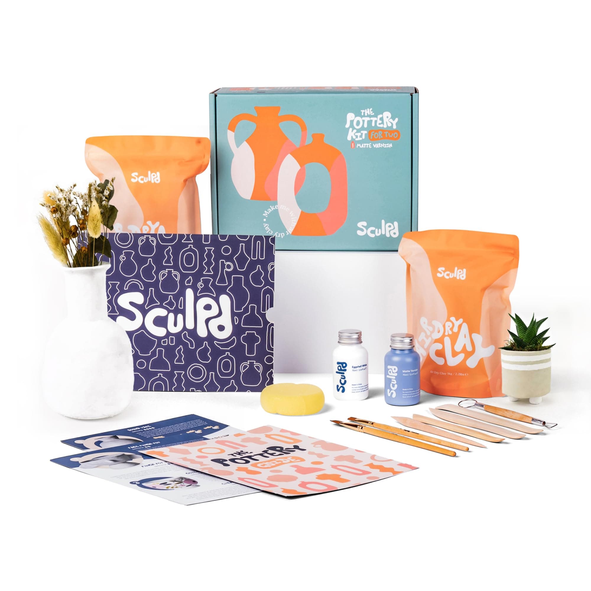 Sculpd Pottery Kit - Air-Dry Clay Starter for Beginners With Gloss Varnish, Paint, Tool Set, Paintbrushes, Sponge and Step-by-Step Guide - Clay Kit for Adults