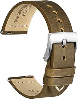 WOCCIWOCCI 22mm Old-fashioned Watch Band for Men, Top Grain Leather, Silver Brushed Buckle (Dark Tan)