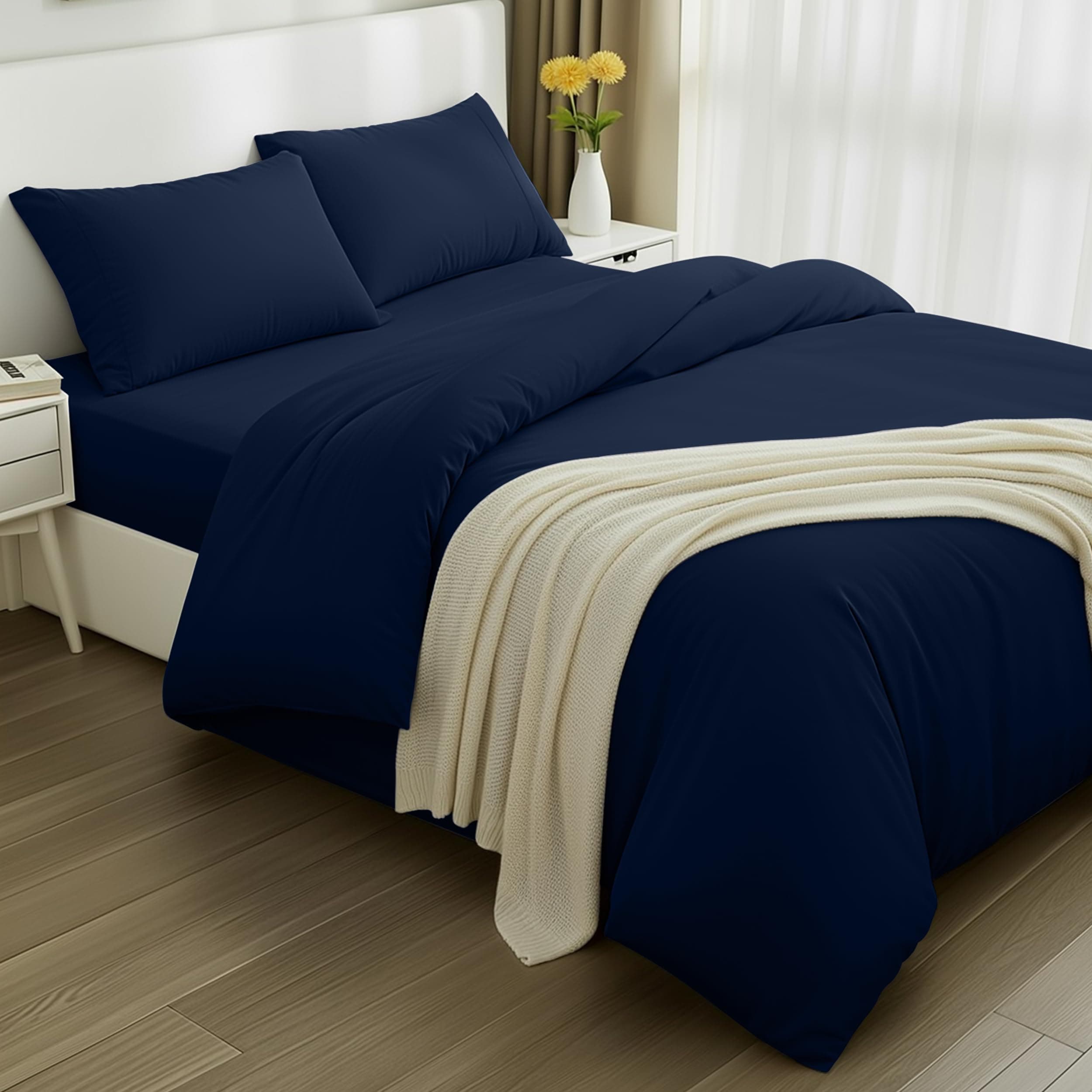 Utopia Bedding 4 Piece Double Bedding Set - Duvet Cover, Fitted Sheet with Pillow cases - Soft Brushed Microfiber (Navy)