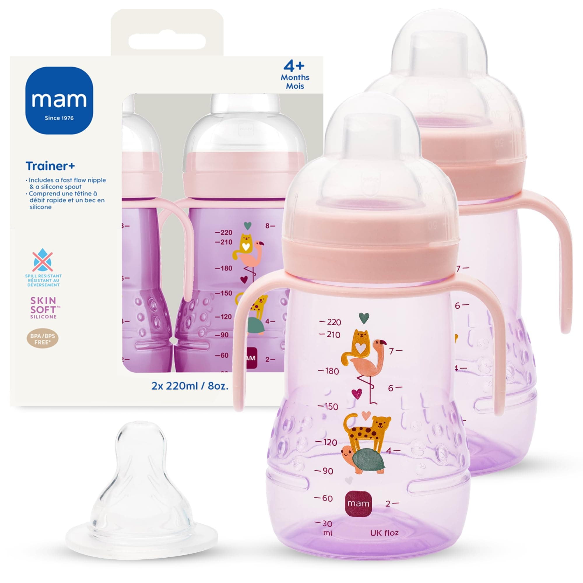 Trainer Sippy Cup for Toddlers 1-3, 8 oz. Transition Drinking Cup with Extra-Soft Spout, Spill-Free Nipple, and Non-Slip Handles, for Girls 4+ Months, 2 Count