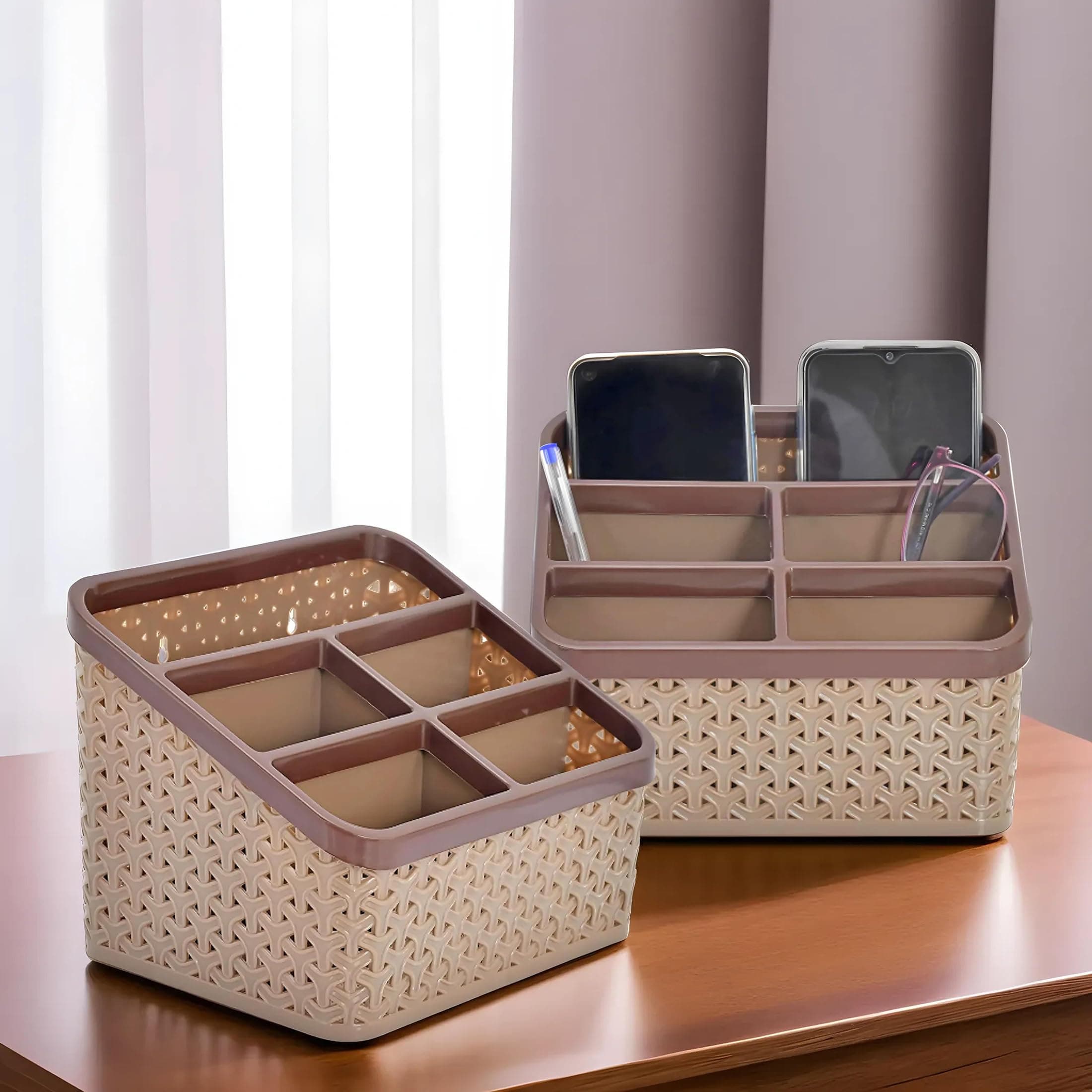 Kuber Industries Plastic Multi-Purpose Compact Desk Storage Organizer| Stationary Box |Plastic Cosmetics|Make Up Organizer Container Pack of 2 (Brown)