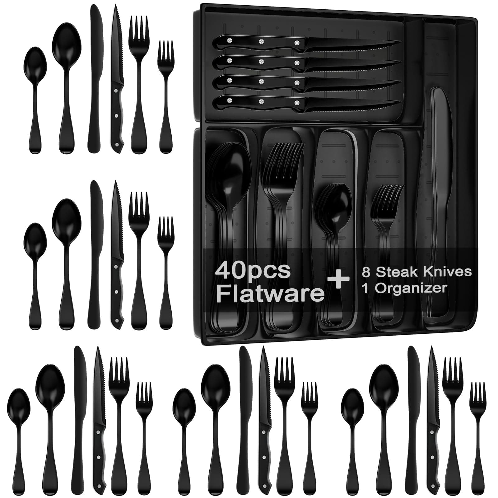 JUNLIN 49 Pieces Black Silverware Set with Steak Knives, Stainless Steel Silverware with Organizer Flatware Utensils Set for 8, Forks and Spoons Silverware Set Cutlery Set