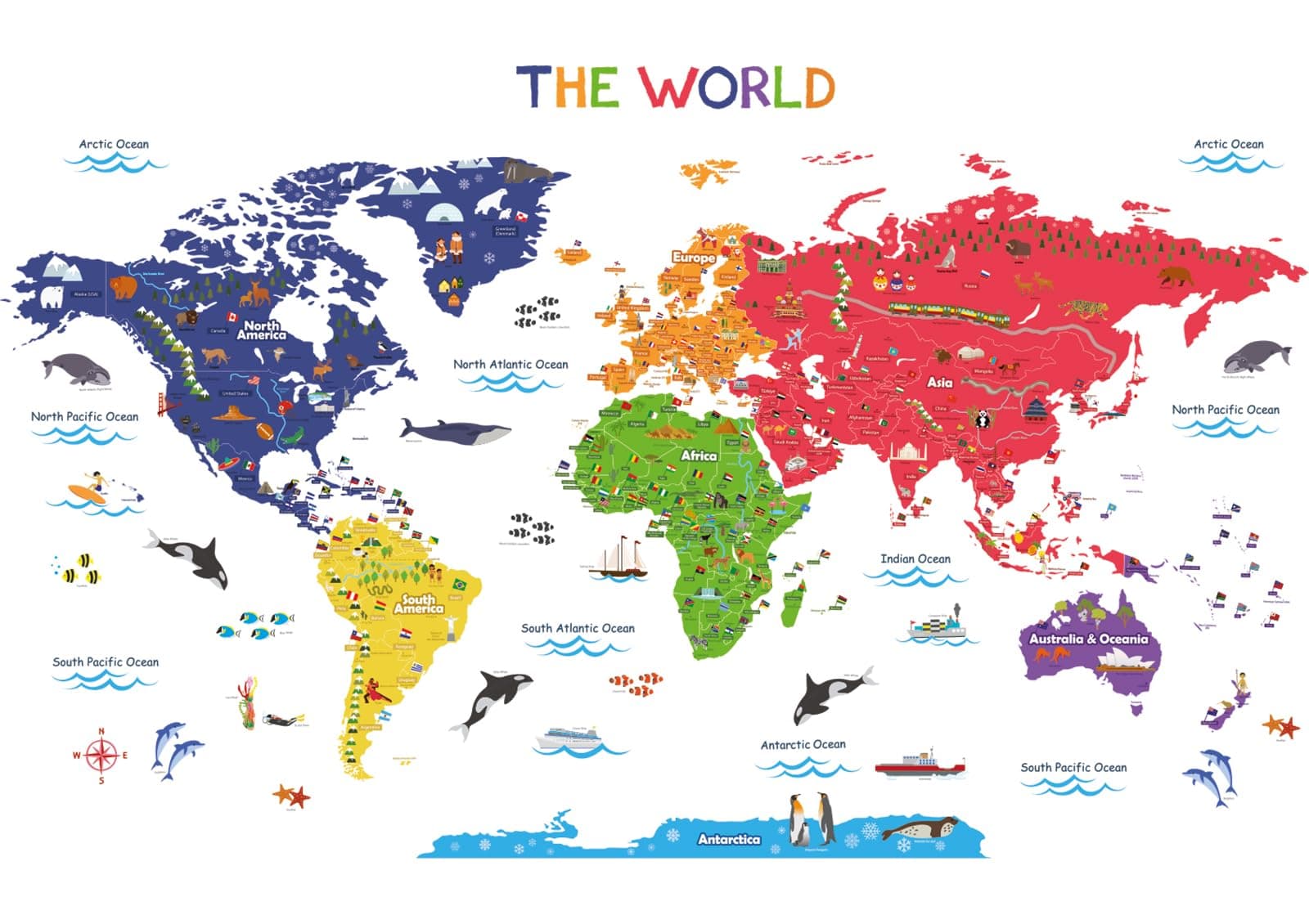 BASHOM BS-115 Large Animal Landmarks World Map Wall Decals Educational Stickers for Kids Nursery Bedroom Living Room Classroom Peel Stick Removable Poster mapa Mundi para pared Art