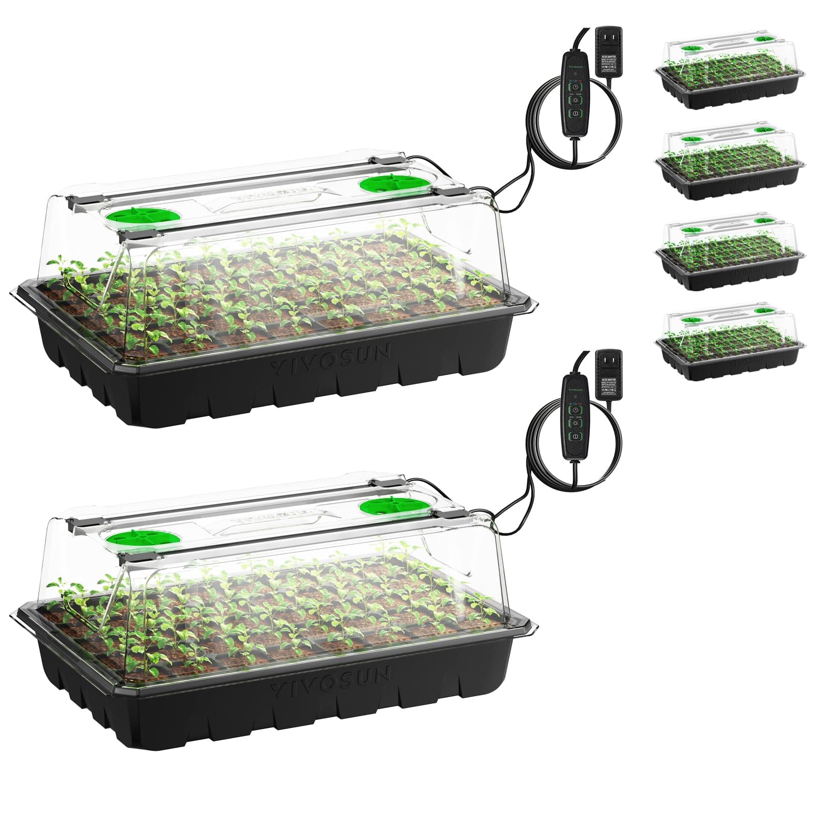 6-Pack Seed Starter Trays, 240-Cell Seed Starter Kit with 2 Set of LED Lights, 3.6" Higher Cover, Adjustable Vents, Drainage Holes, Green Propagation Tray for Planting Seed, 40 Cells x 6 Packs