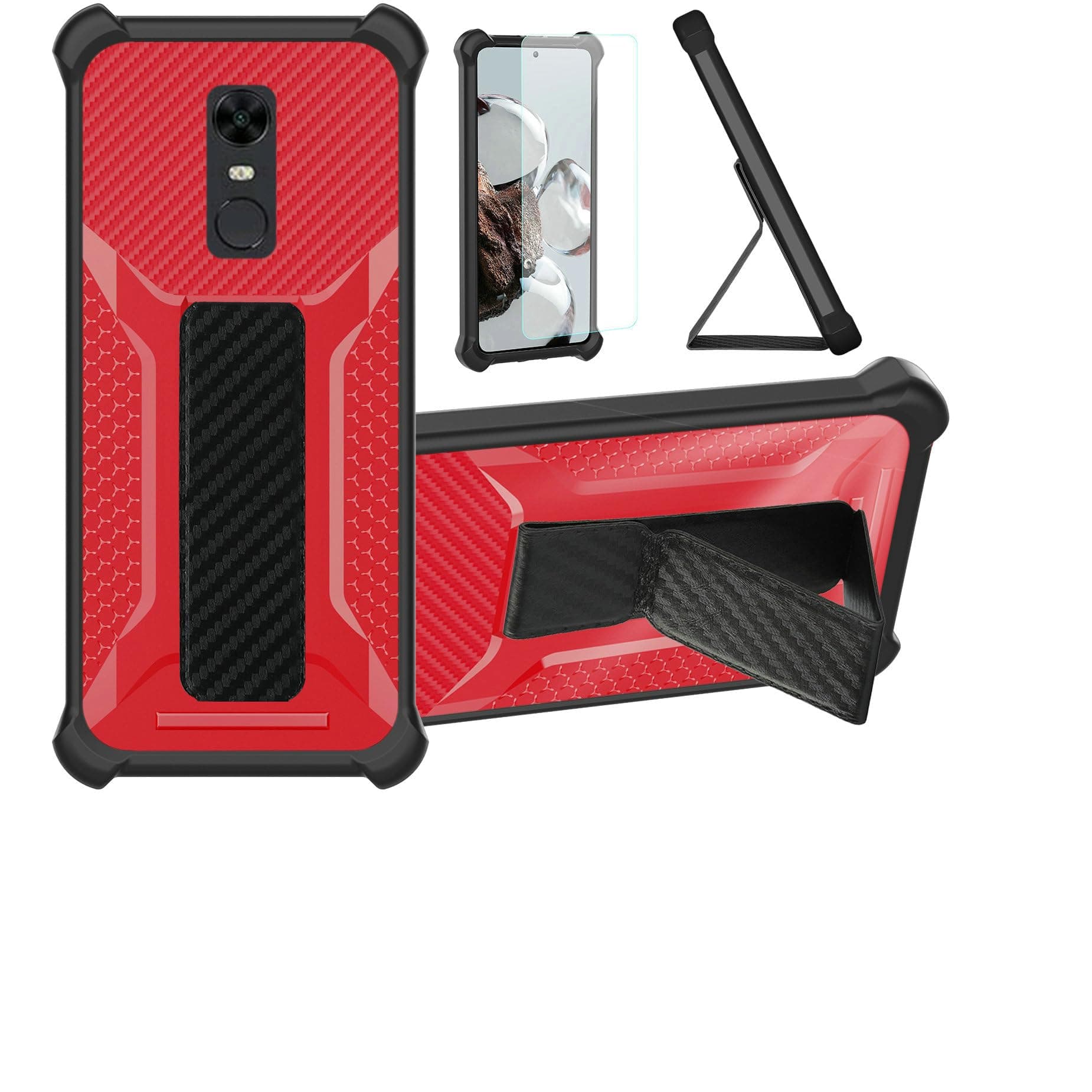Case for Redmi 5 Plus Phone Case Stand Cover [with Tempered Glass Screen Protector] Hybrid Case [Folding Support Magnetic] [Frosted Anti-Fingerprint] Red