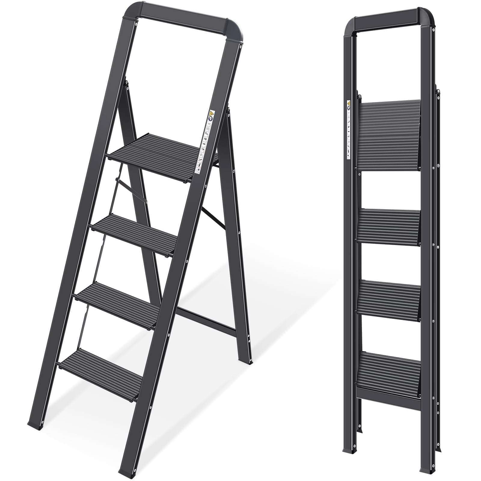 KINGRACK Aluminium 4 Step Ladder, Lightweight Step Stool with Non-Slip Pedals, Handrail, Foldable Step Ladder for Kitchen, Garage, Home, Space Saving, Sturdy and Portable, Black