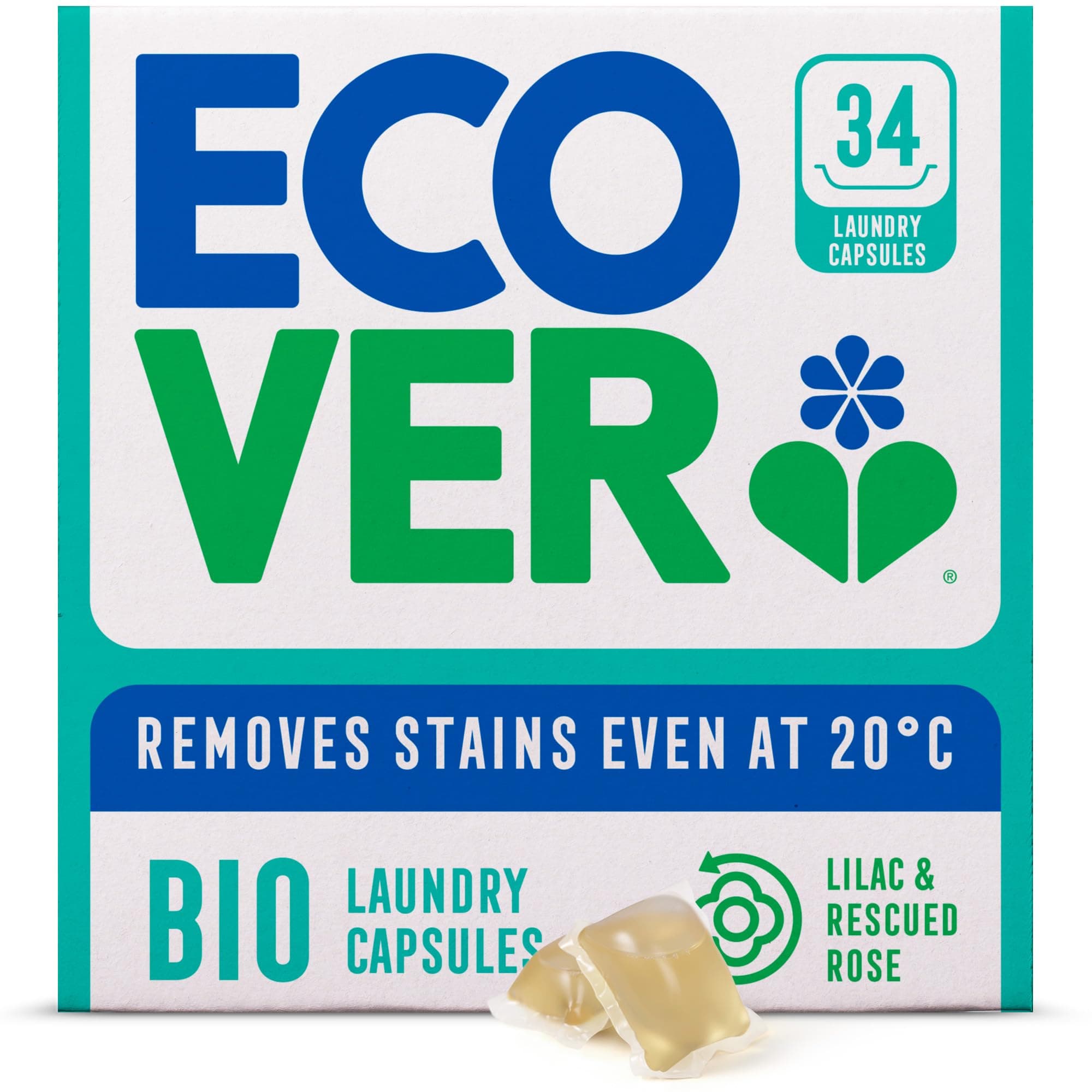 Ecover Bio Washing Capsules - Laundry Capsules/Tablets - Laundry Detergent with Clean and Fresh Lilac & Rescued Rose Scent, 1x Pack of 34 Capsules/Tablets
