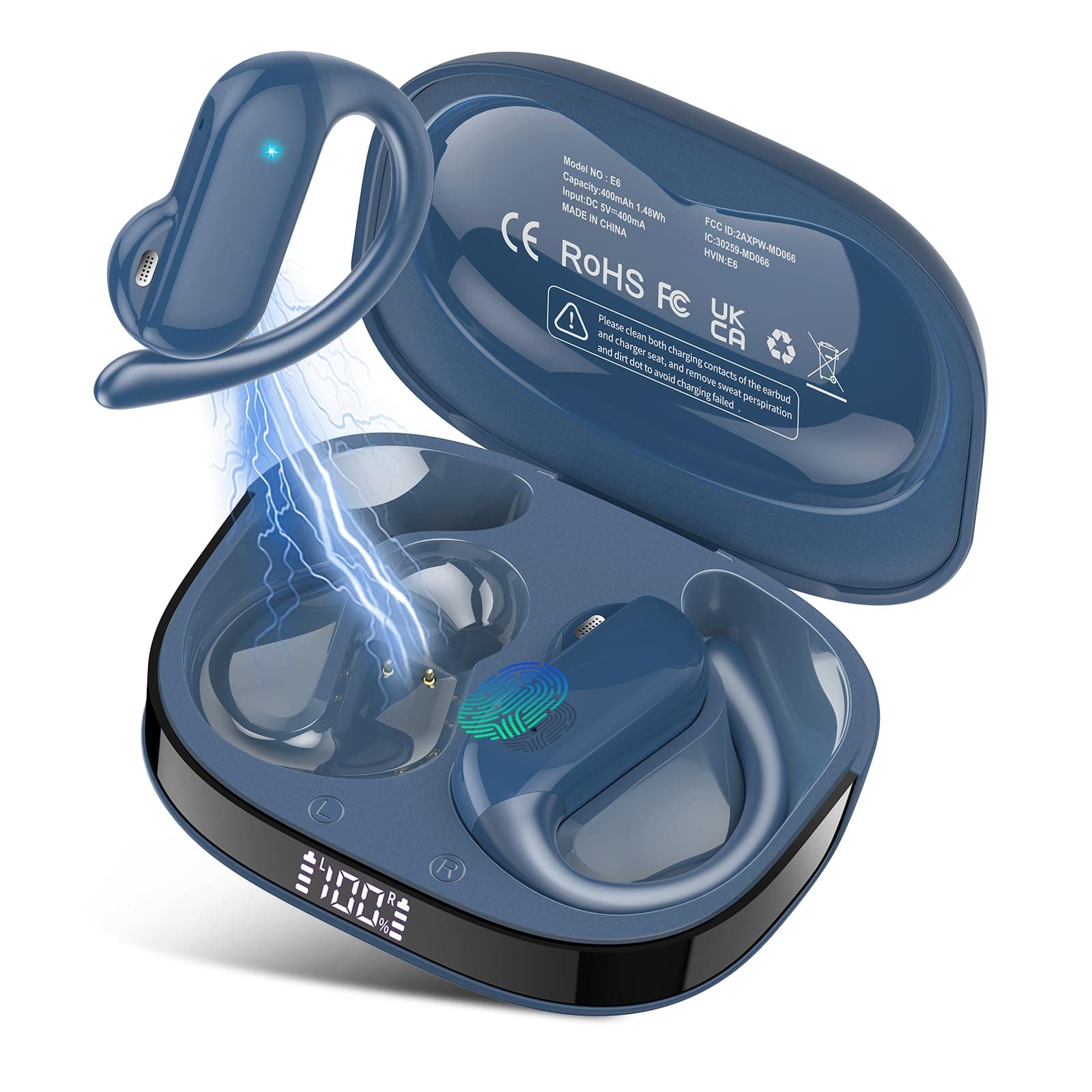 Open Ear Earbuds, Bluetooth 5.4 Wireless Earbuds with Ear Hooks, 32H HiFi Stereo Open Ear Headphones with Clear Calls, IPX7 Waterproof Lightweight Sport Earphones for Workouts, Running, Fitness, Blue