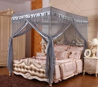 Mengersi Gray Canopy Bed Curtains Mosquito Net Bed Drapes for Queen Bed