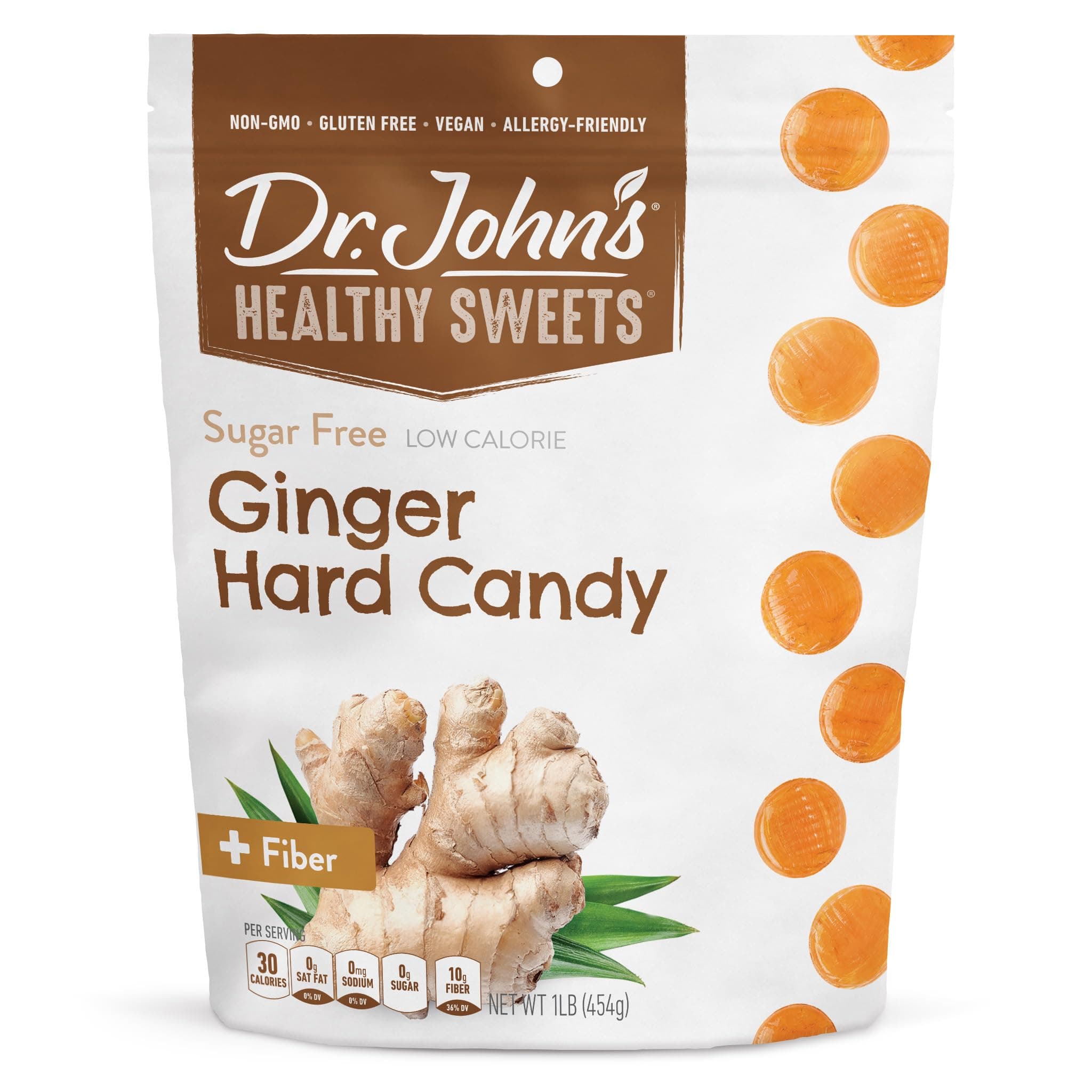 Dr. John’s Sugar Free Candy, Healthy Hard Candy with Zero Sugar, Low Calorie Snacks, Keto Friendly, Vegan, Gluten Free, Ginger Flavor, 100 Count, 1 LB