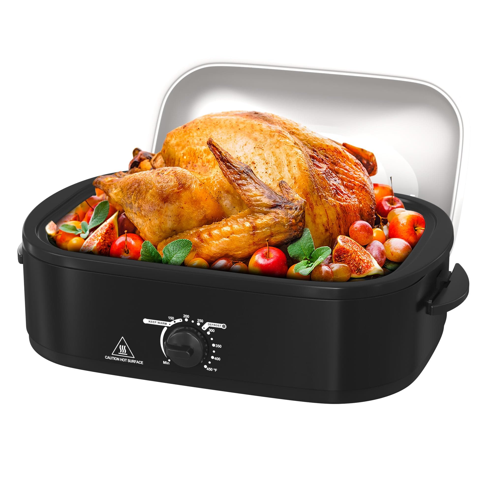 14 Quart Roaster Oven with Self-Basting Lid, with Removable Roasting Rack, Turkey Defrost & Warm Function, Adjustable Temperature, Stainless Steel, Black