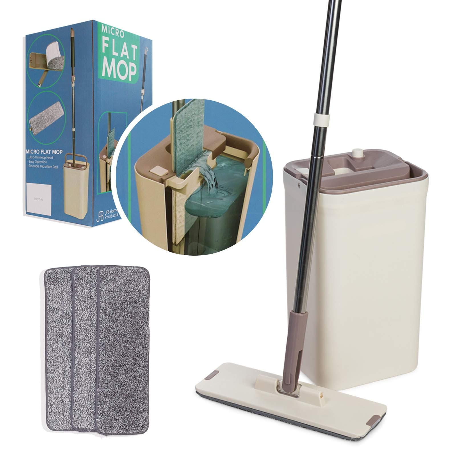 JFB Home Products Micro Flat Mop & Bucket System, Hands-Free Wringing Floor Cleaning, 3 Washable & Reusable Microfiber Pads, Wet or Dry Usage on Wood, Marble, Tile, Laminate, Ceramic and Vinyl Floors