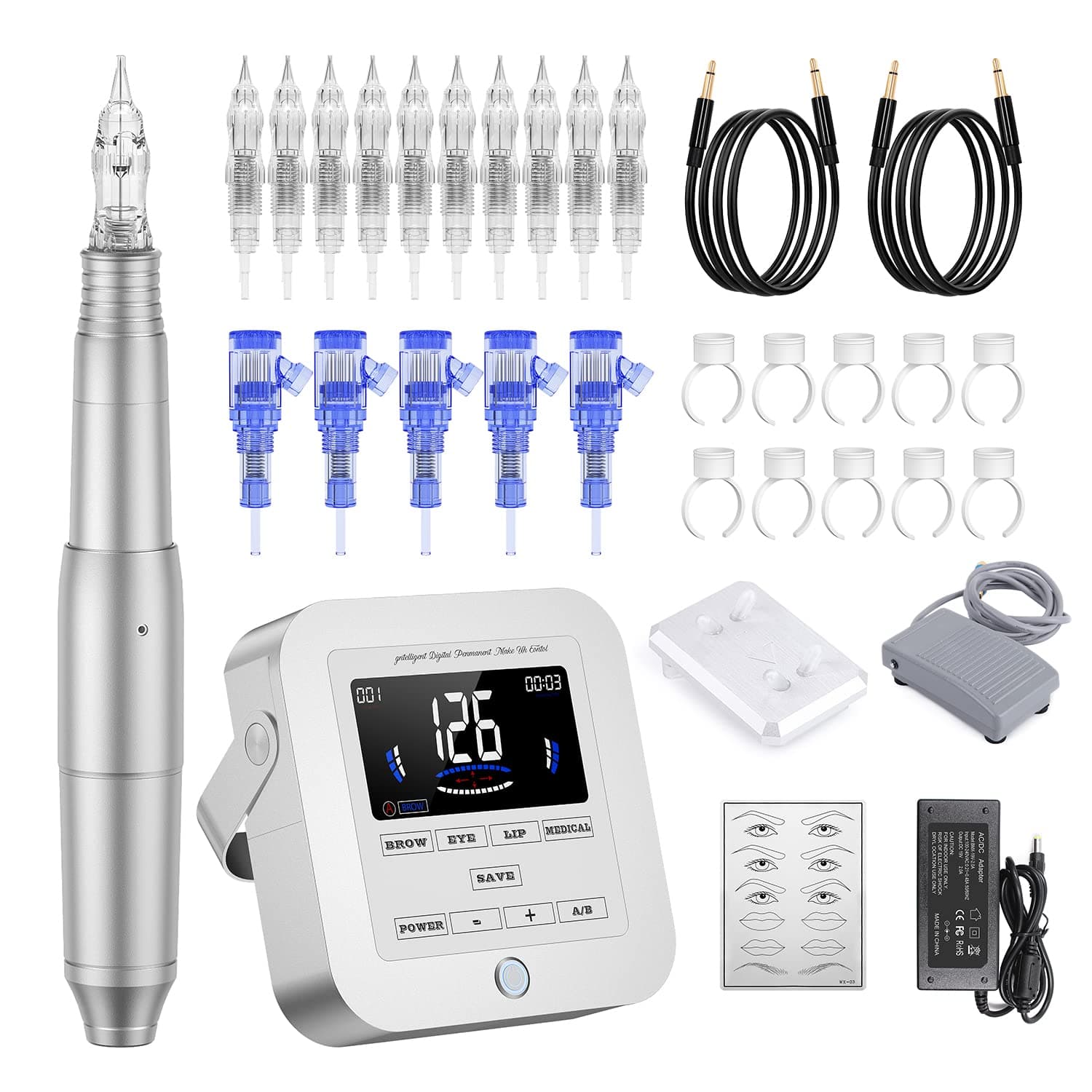 TATELF Permanent Make up Machine Kit with Professional Eyebrow Tattoo Device Digital Power Supply 15pcs Microblading Needle for Eyebrow Lips Eyeliner Microshading with Alloy Gift Box