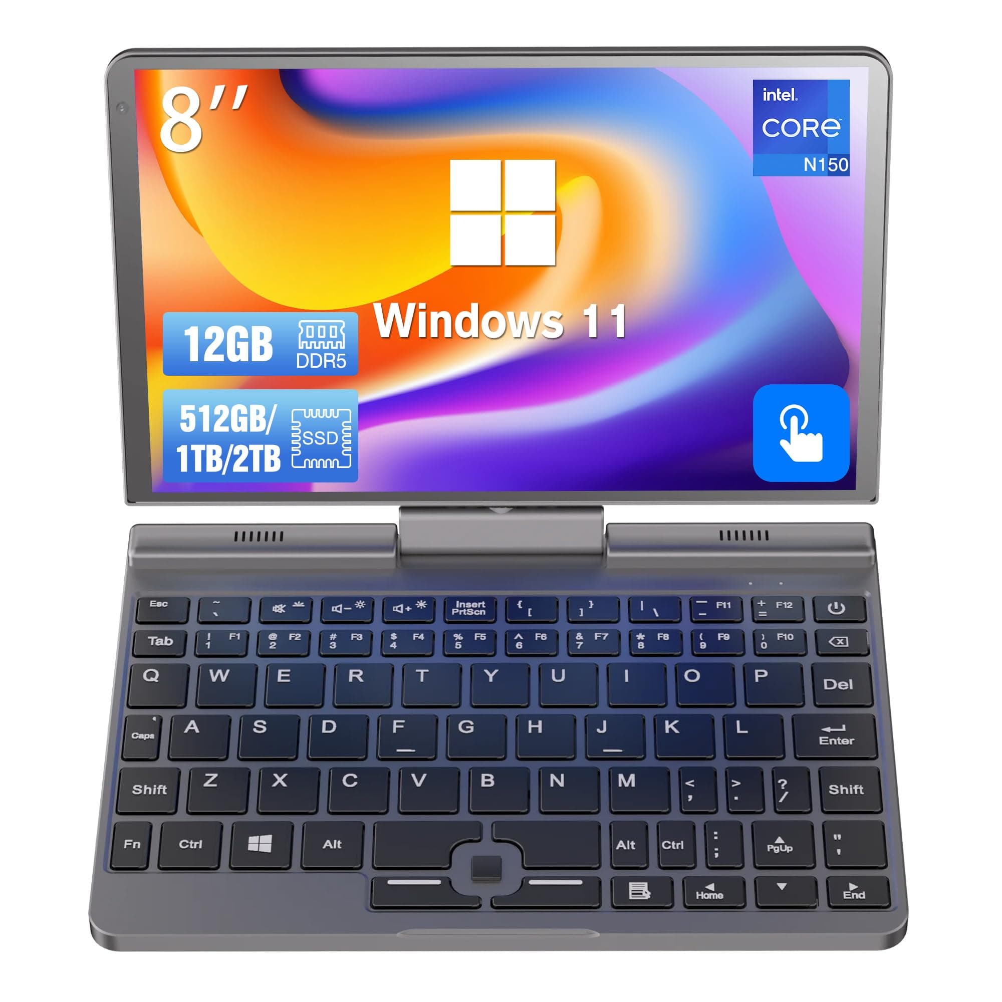 8 inch Mini Laptop N150 Touchscreen Notebook Tablet 2 in 1 Handheld Computer Portable Small Pocket PC Win-11 Pro, 12GB RAM 1TB SSD, Gigabit/Wi-Fi 6/BT5.2/2MP Camera/G-Sensor/HDMI/PD 30W Charging