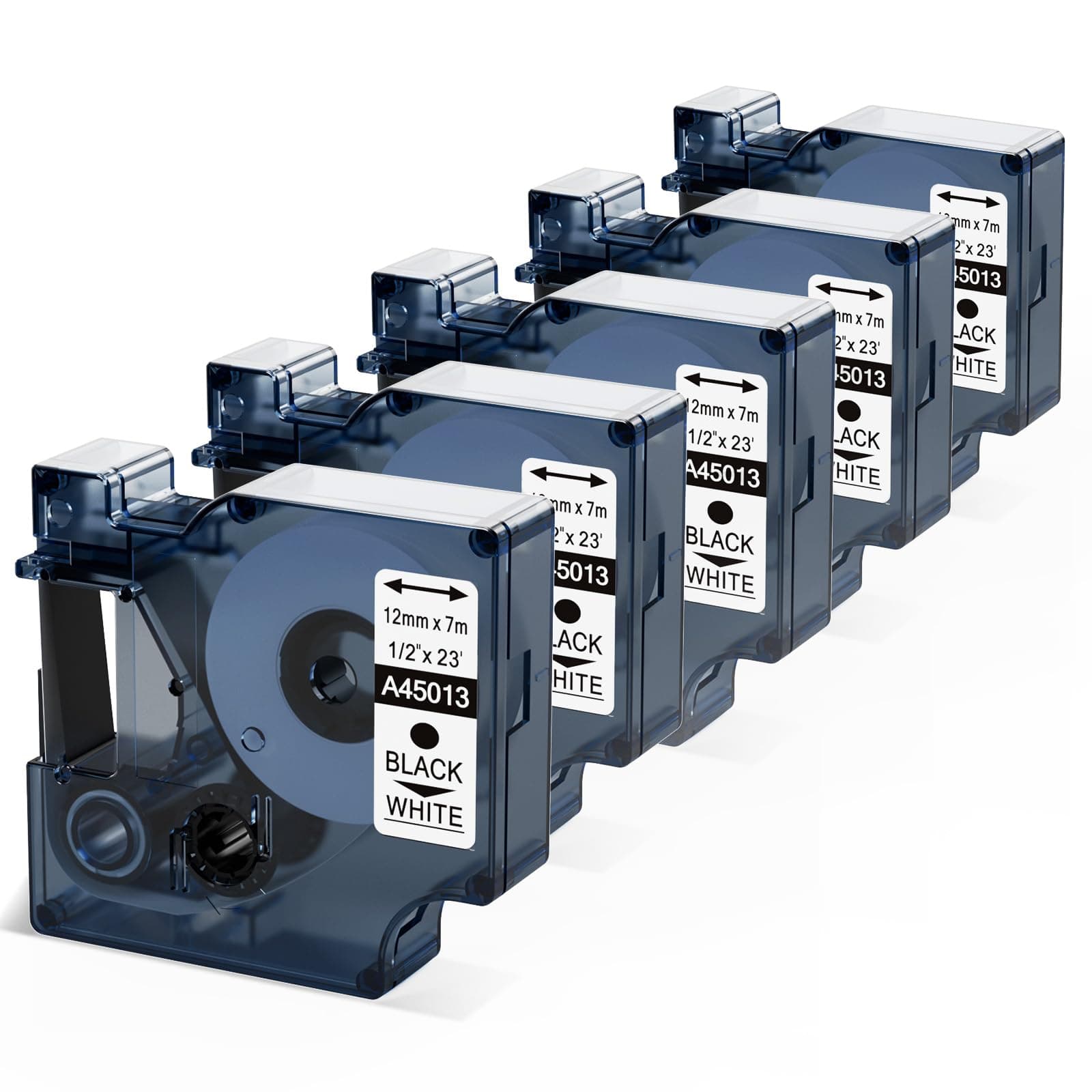 Unistar Compatible Dymo Label Tape Replacement for D1 12mm x 7m 45013 S0720530 Black on White, Refills for LabelManager 160 210D 280 360D 420P Labelpoint 150 250, 5-Pack