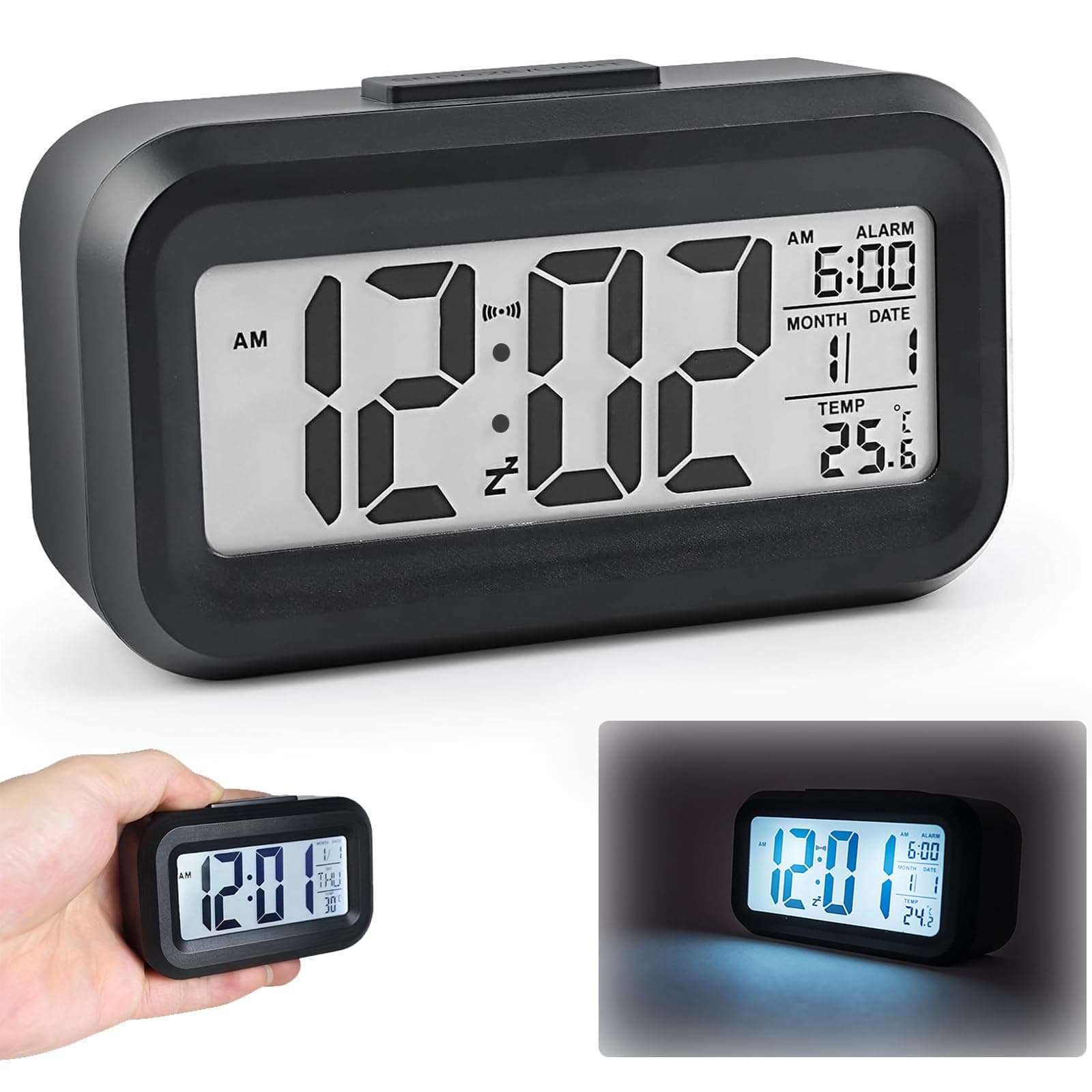 Digital Alarm Clock, Digital Clock Battery Operated, Bedside Clock LED Display with Temperature Snooze Calendar Small Alarm Clock, Portable Travel Clock Battery Digital Clock for Home Office Travel