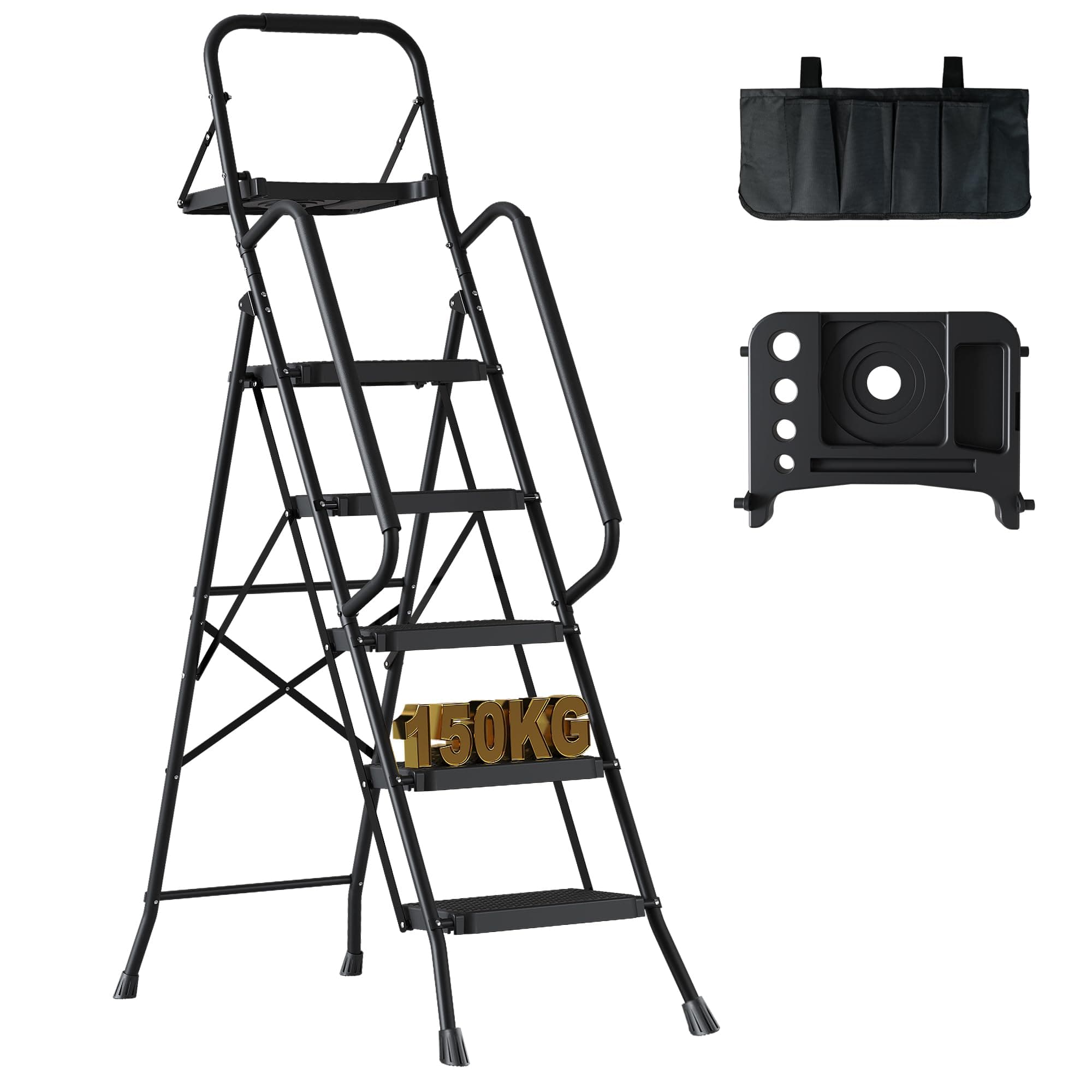 BONTEC 5 Step Ladder with Tool Bag and Tray, Folding Step Ladder with Wide Anti-Slip Pedals, Handrails and Soft Grip, Foldable Metal Step Stool for Kitchen, Pantry, Garage, Up to 150KG, Black