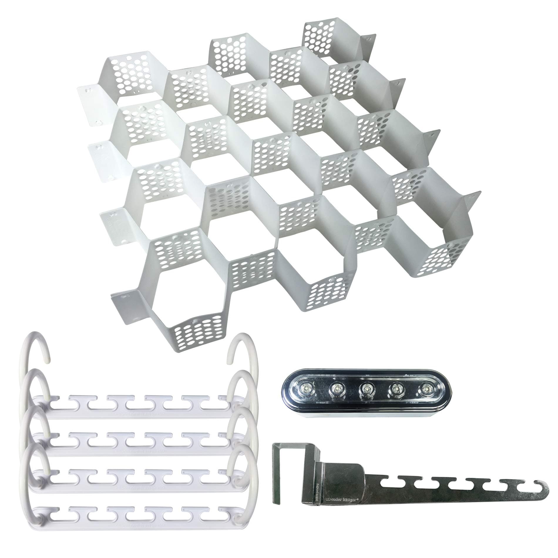 Wonder Hanger Deluxe Set Includes 8 Original in White, 2 Over-The-Door in Chrome Finish, 2 LED Stick Up Lights and 2 Drawer Organizers