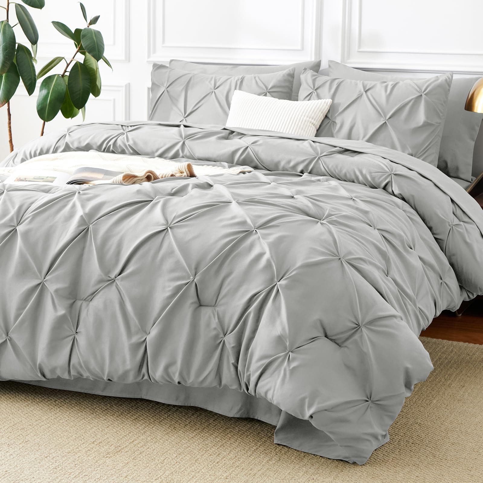 CozyLux King Size Comforter Set Light Grey, 7 Pieces Pintuck Bed in A Bag Gray Comforter King Size, Pinch Pleat Bedding Set with All Season Comforter, Sheets, Pillowcases & Shams