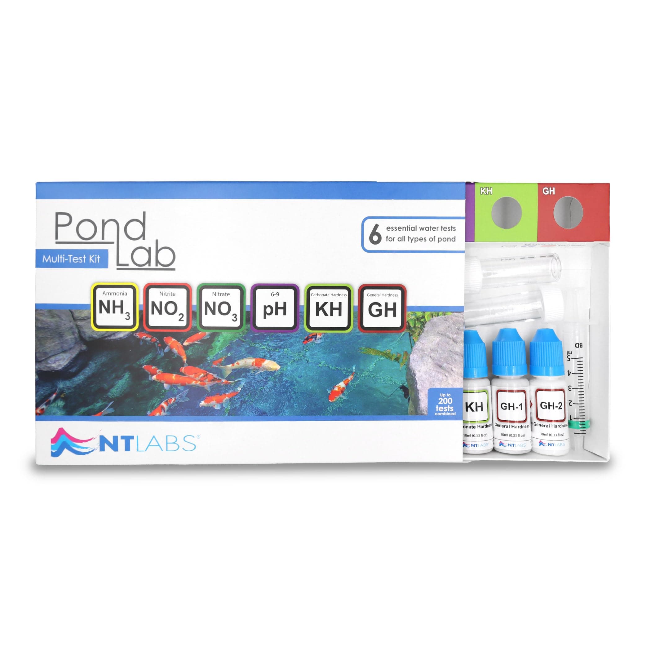 NT Labs Pond Lab Multi Test Kit (All-in-one Water Testing Kit - Ammonia, Nitrite, Nitrate, pH, General Hardness (GH) and Carbonate Hardness (KH)), Accurate Results, Easy to Use (Up to 200 Tests)