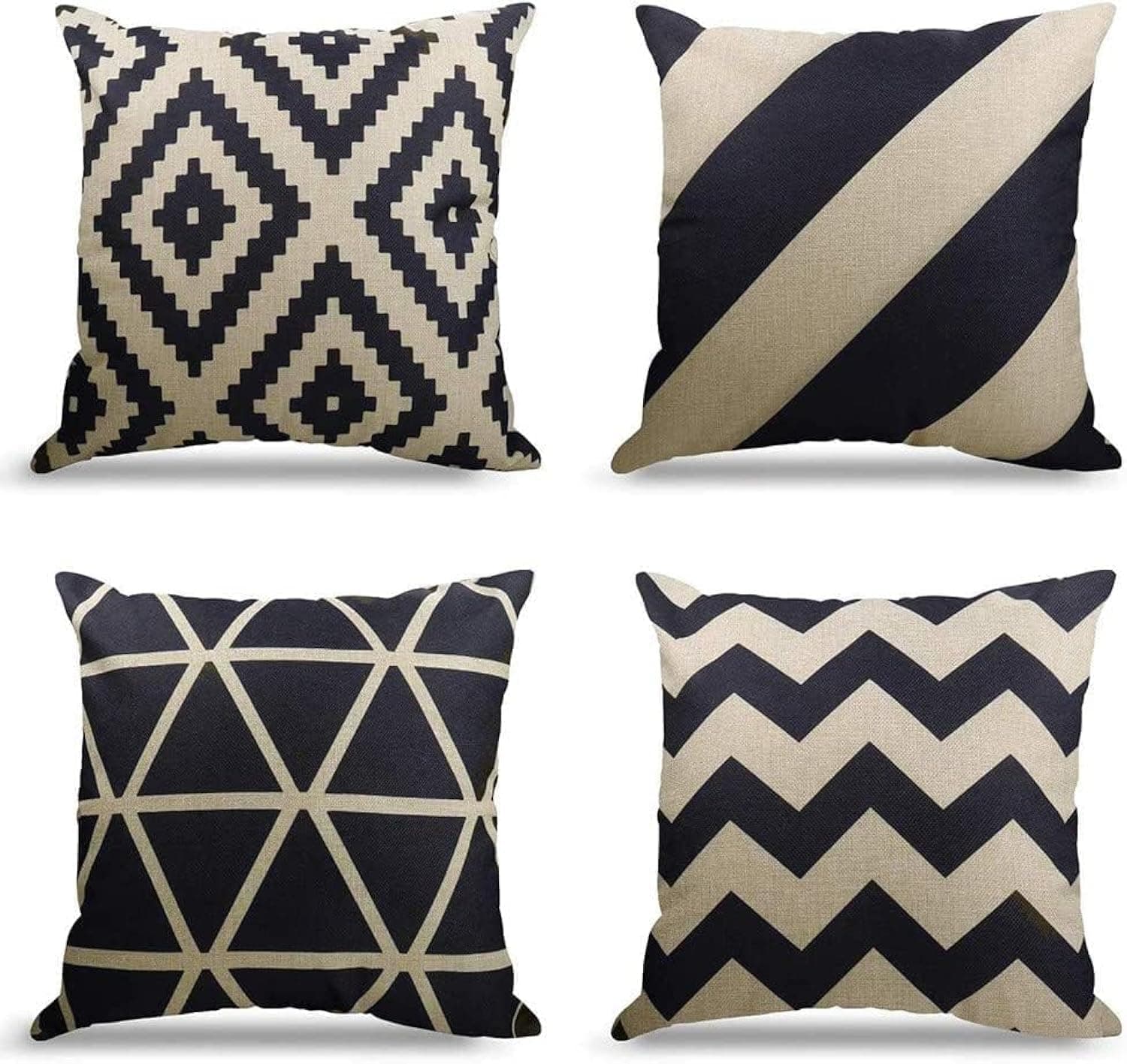Black and White Cotton Linen Geometric Pattern Throw Pillows Covers - Set of 4 (18x18in)