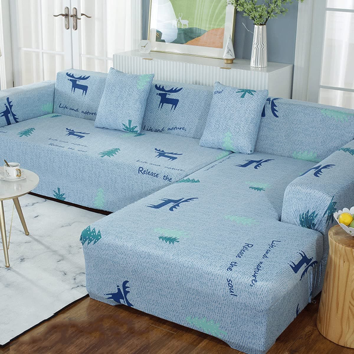 2 pcs Sectional Couch Covers, Printed L-Shaped , Stretch Couch Slipcovers for Sectional Sofa,Suitable for combined chaise longue cover (Pattern XILU, 3 seat+ 3 seat )