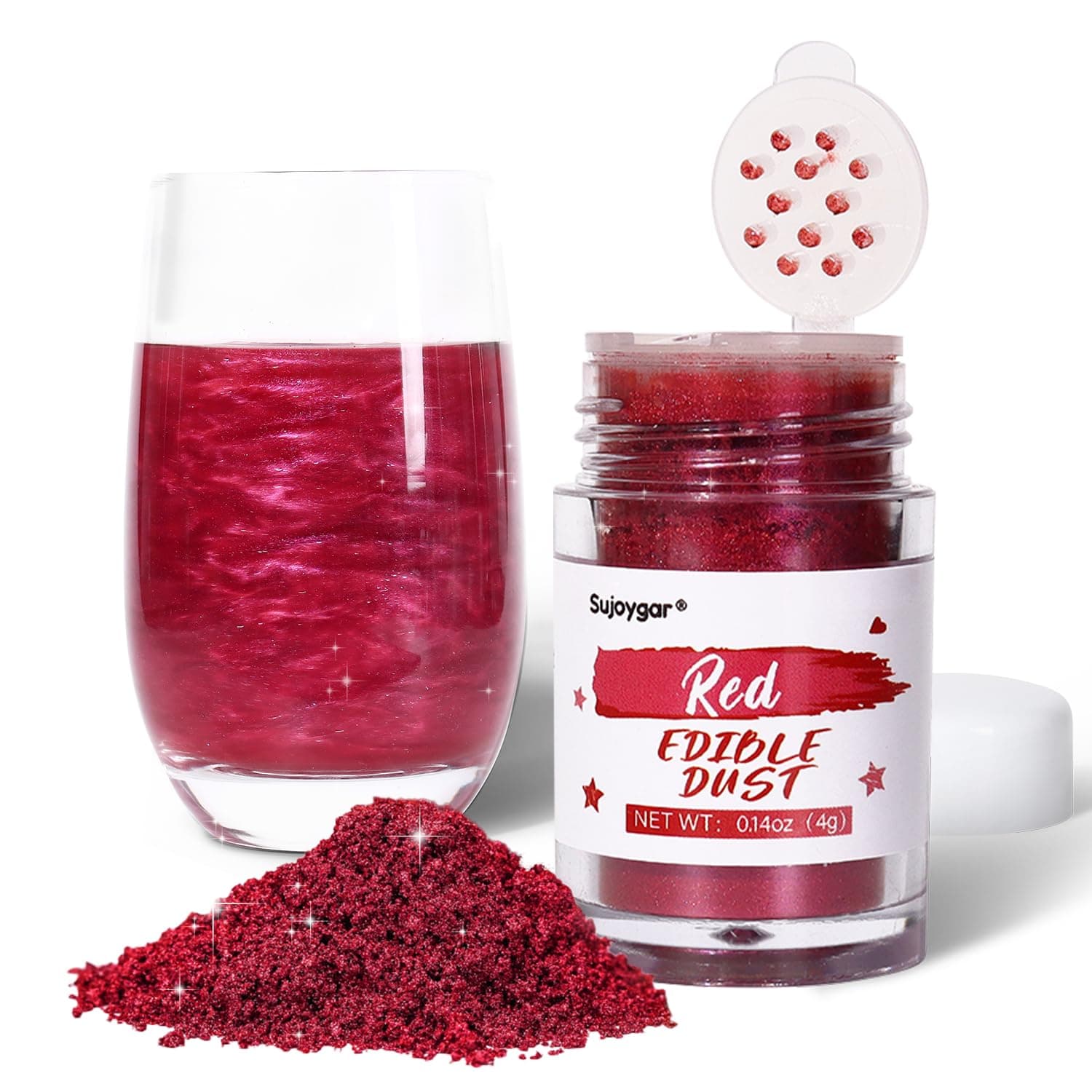 Ruby Red Edible Glitter for Drinks, 4g Food Grade Sujoygar, Shimmer Luster Dust for Cake Decorating, Baking, Strawberries, Cocktail, Chocolates, Cupcakes