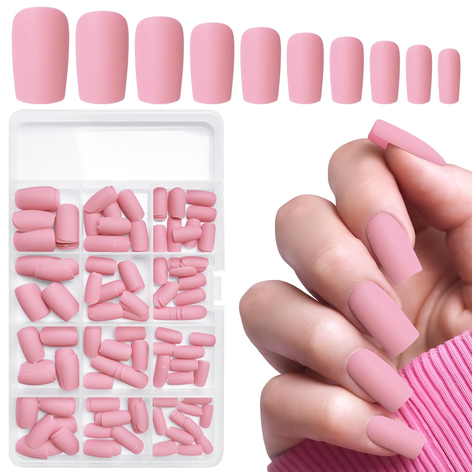 LuckForever 240pc Matte Square Press on Nails Medium Glue on Nails Petal Pink Fake Nails Medium Square Acrylic Nails Press on Nails Full Cover Artificial False Fingernails with Glue Adhesive Tabs