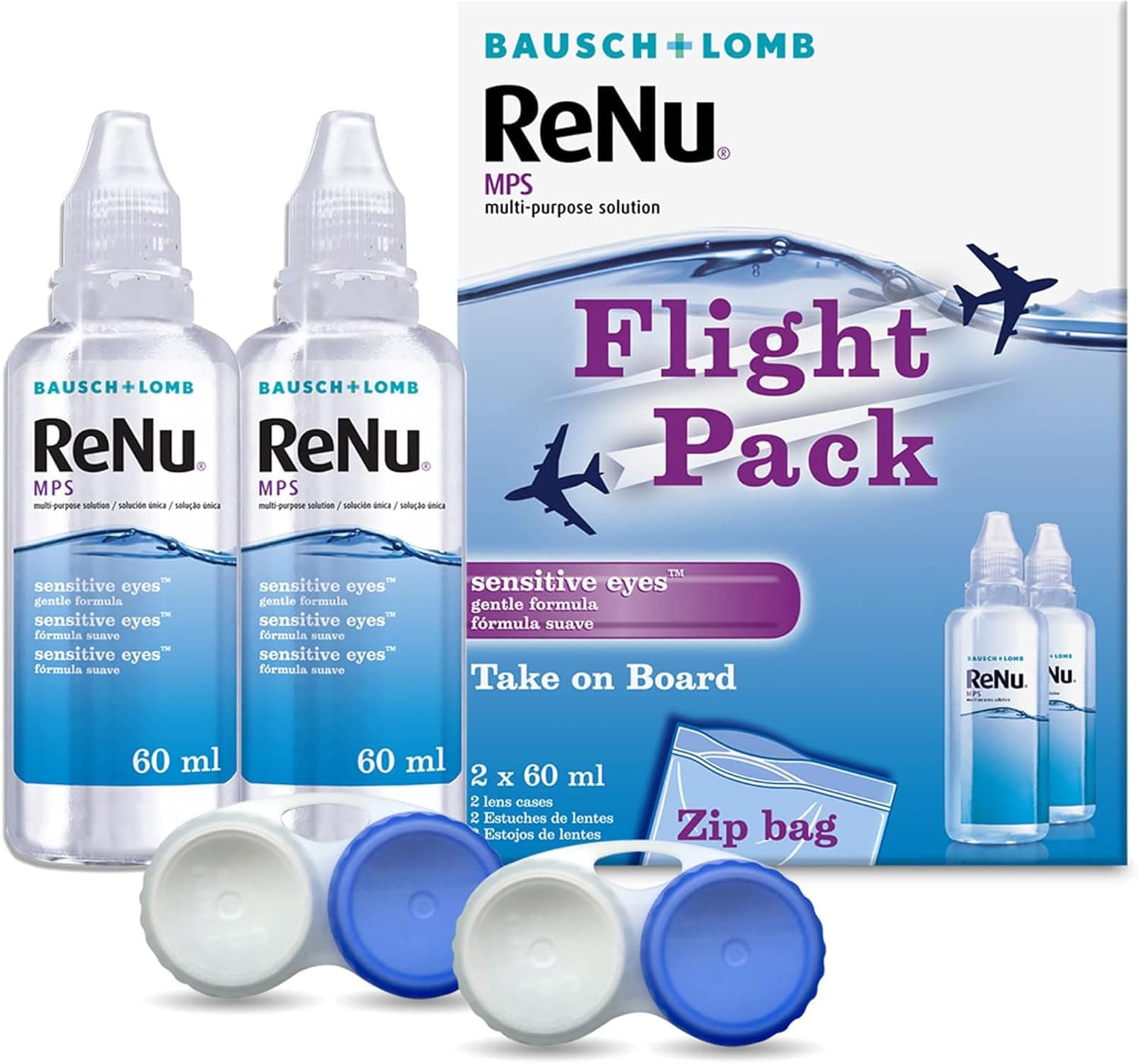 Multi-Purpose Travel Contact Lens Solution, 2X 60ml Flight Pack Size - for Soft Lenses, Gentle on Sensitive Eyes, Clean, Disinfect, Rinse, Lubricate and Store Your Lenses, Lens Case Included