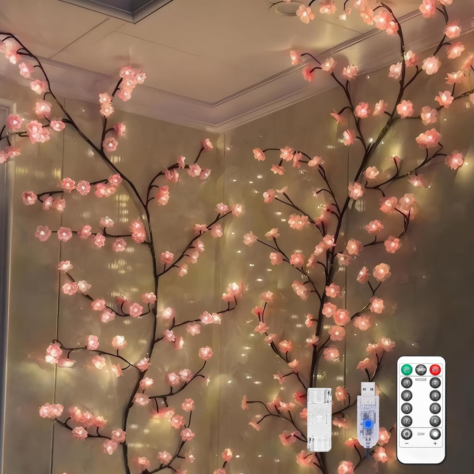 Cherry Blossom Tree Branch Lights for Wall,Cherry Enchanted Willow Vine Lights,with 144 LED and 8 Lighting Modes,Remote Timer,for Bedroom Wall Doors Windows Wedding Christmas Holiday (90inch)