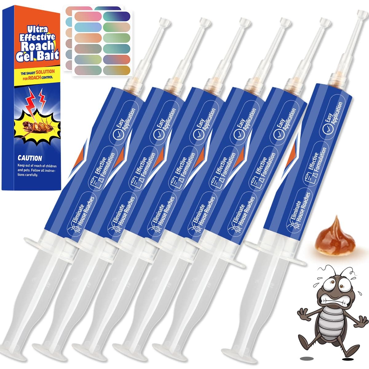 Roach Bait & Killer, 6 Pack Large Capacity Cockroach Gel Bait for Indoor Nest Elimination, Ready to Use, No-Mess Control Gel with Stickers, Ideal for Hidden Areas Household Pest Control(20g Each)