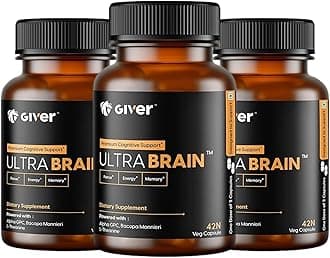 Giver Nutrition Ultra Brain Natural Nootropic Brain Booster Supplement - Alpha GPC, Bacopa Monnieri, L-Theanine, Phosphatidylserine, Pterostilbene | Supports Focus, Memory & Clarity- 42 Veg Capsules (3)