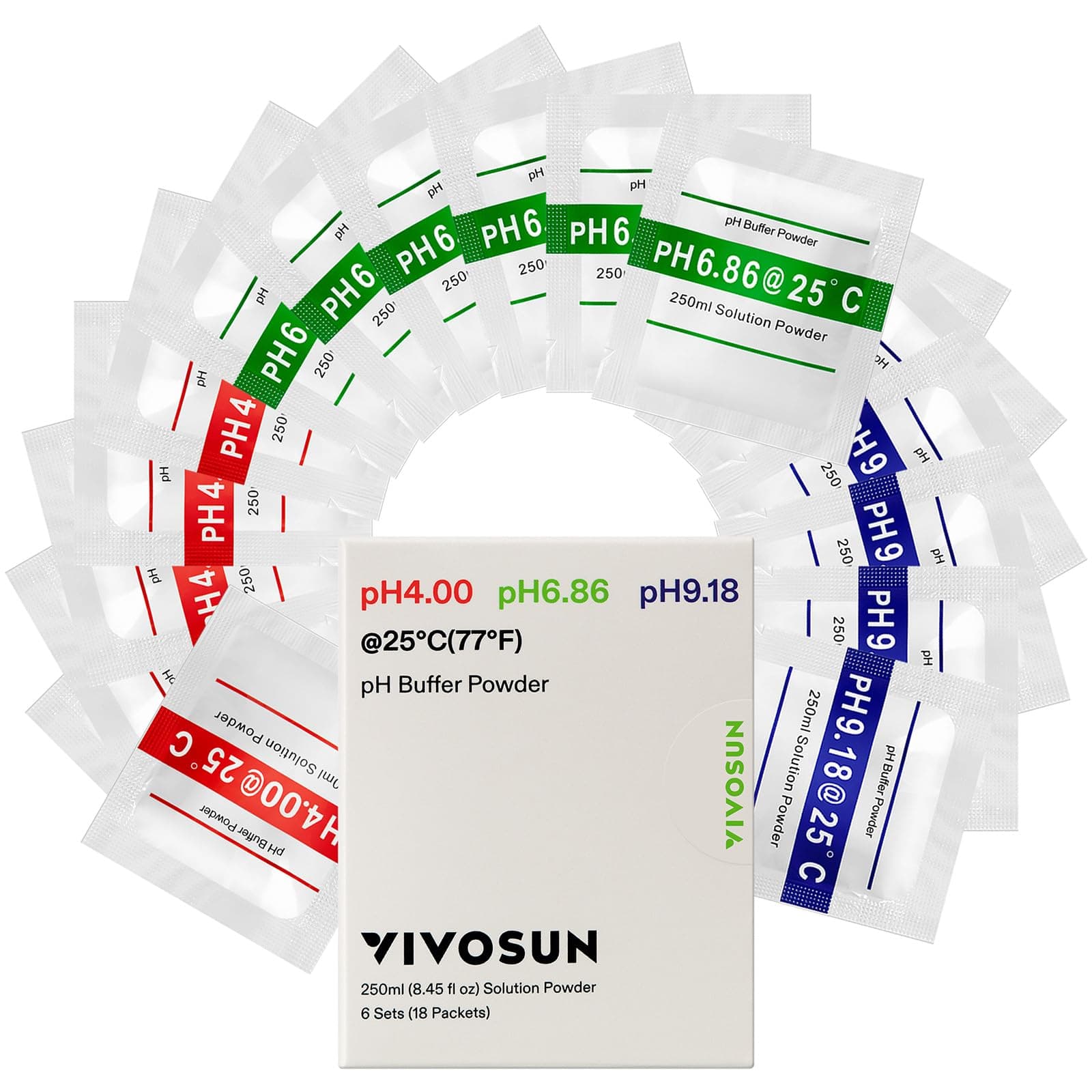 VIVOSUN 18-Pack pH Meter Buffer Solution Powder, pH 6.86/4.00/9.18, pH Buffer Powder for Precise and Easy pH Tester Calibration
