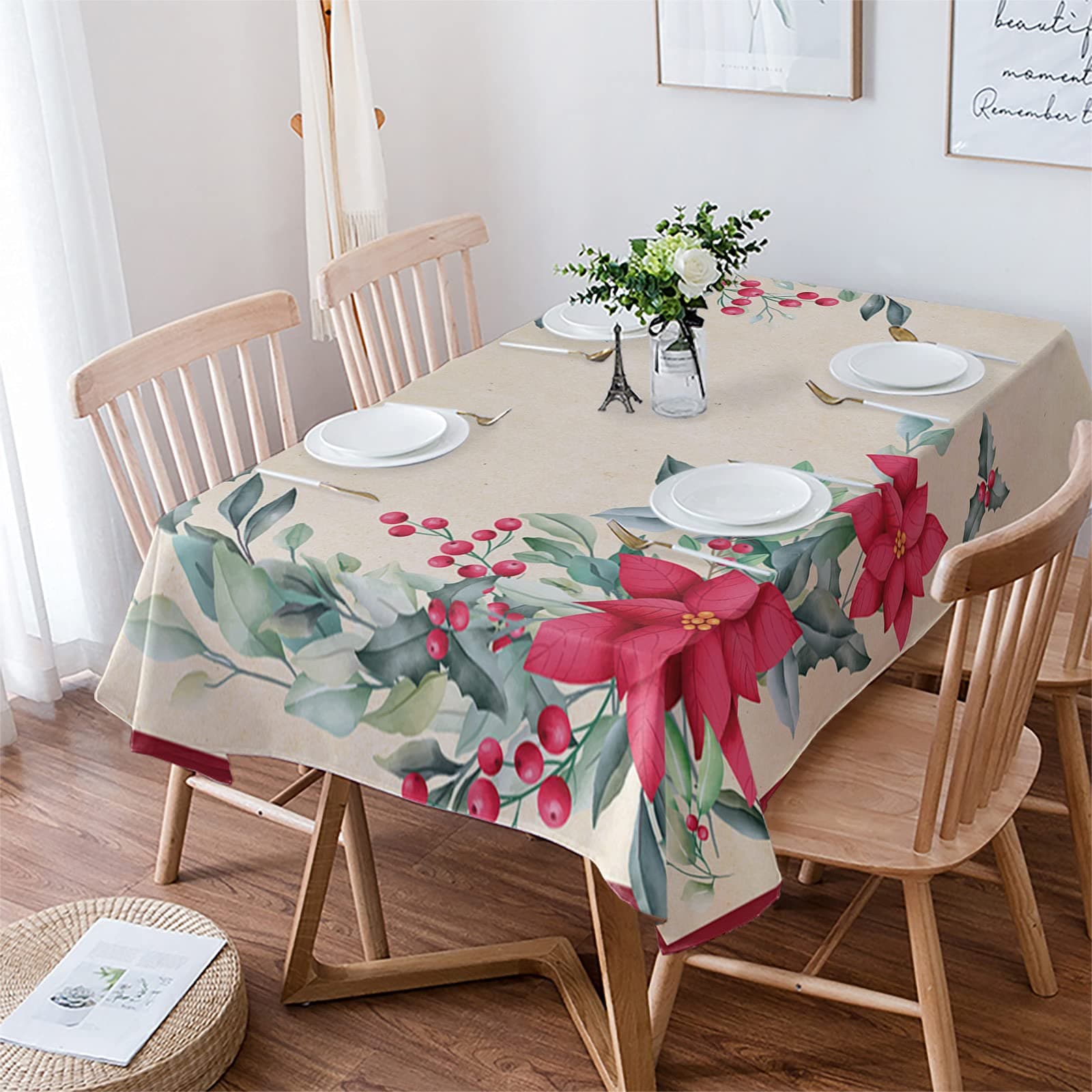 Rectangle Table Cloth 60x60 Inch Waterproof Spill Proof Tablecloth Soft Polyester Table Cover Washable Table Cloths for Parties Wedding Dining Room - Christmas Flower Poinsettia Vintage Texture