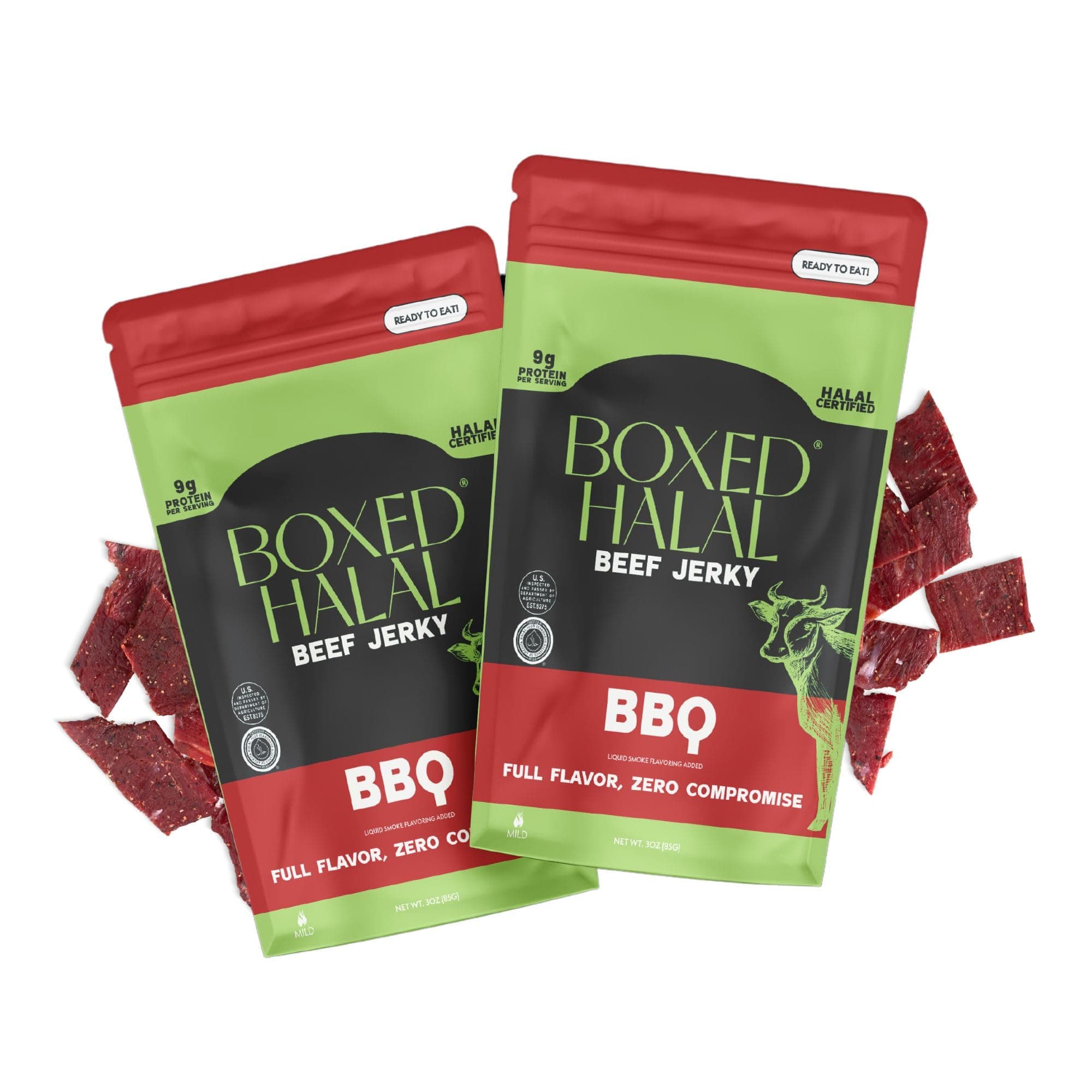 BOXED HALAL Premium 100% Grass-Fed BBQ Beef Jerky Strips, 13g Protein, HFSAA Certified Halal, Keto Friendly Snack, 3 Oz. Bags (2 Pack)