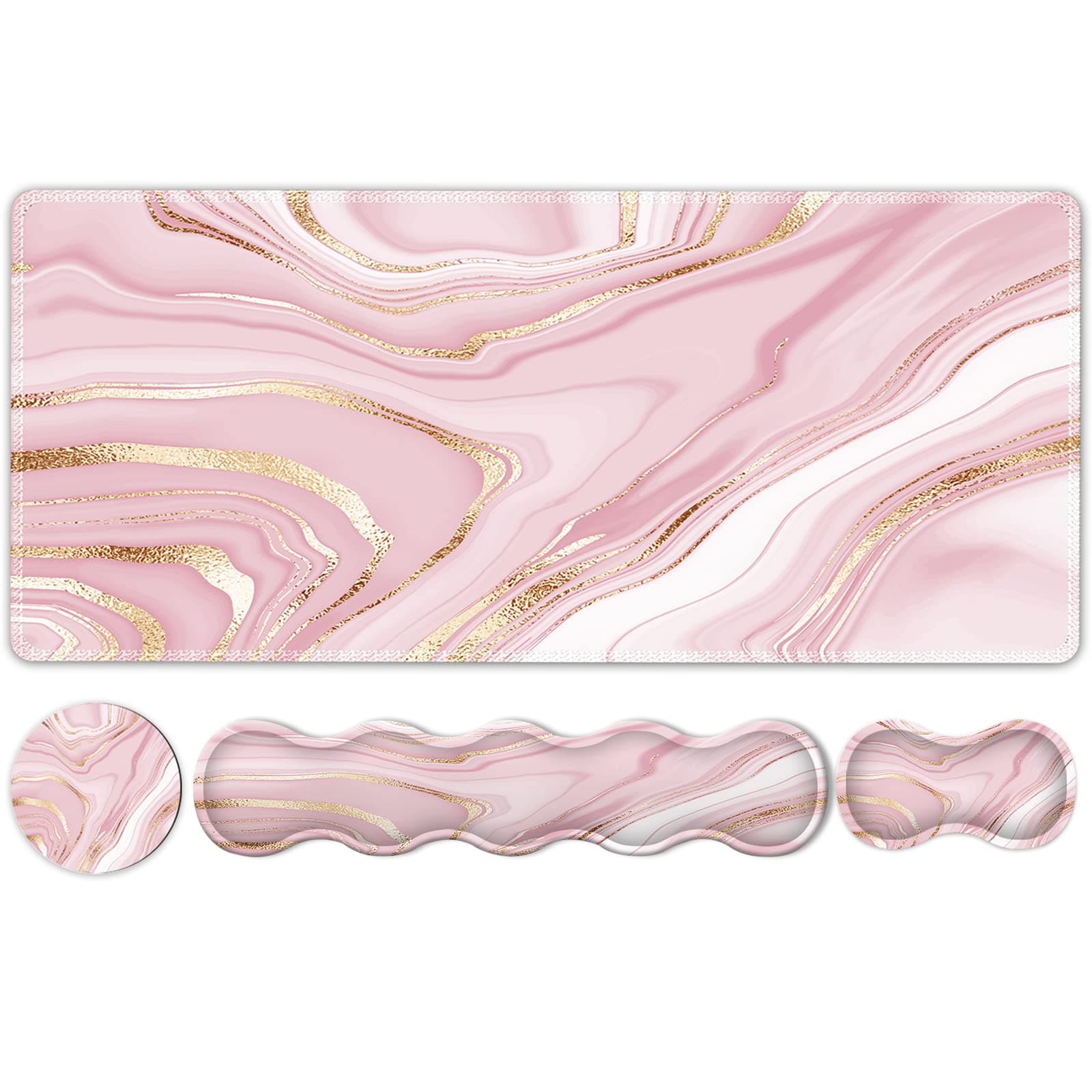 iLeadon Keyboard Mouse Pad Set, Large Gaming Mouse Pad + Keyboard Wrist Rest + Mouse Pad with Wrist Support + Coaster, Easy Typing Pain Relief, 35.4x15.7in Desk Mat for Home Office, Pink Gold