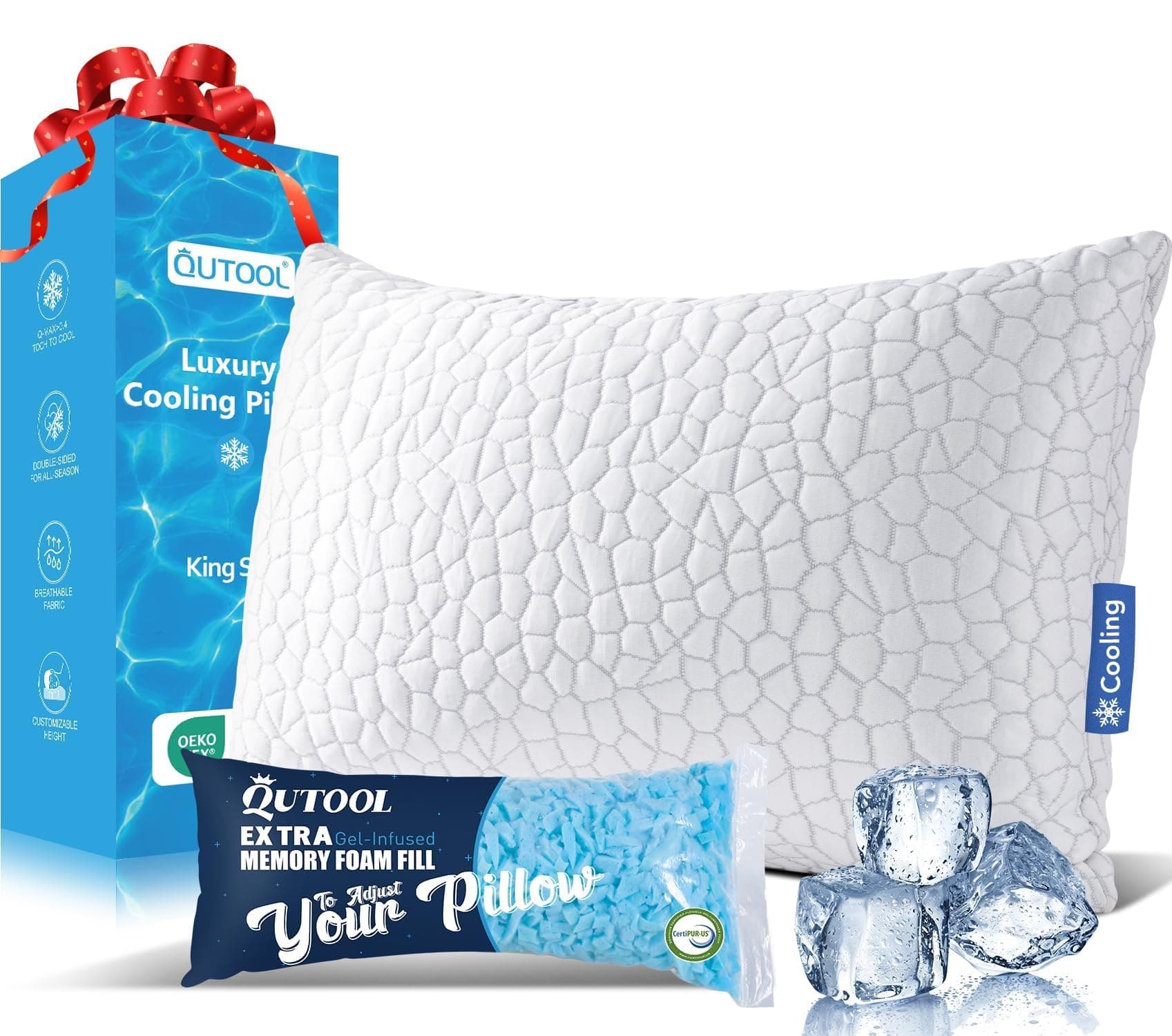 Cooling Pillow for Sleeping, CertiPUR-US Shredded Memory Foam King Pillow Set of 1, Cool Pillow for Hot Sleepers Adjustable Firm Pillow for Side, Back, Stomach Sleepers Soft Yet Support, White