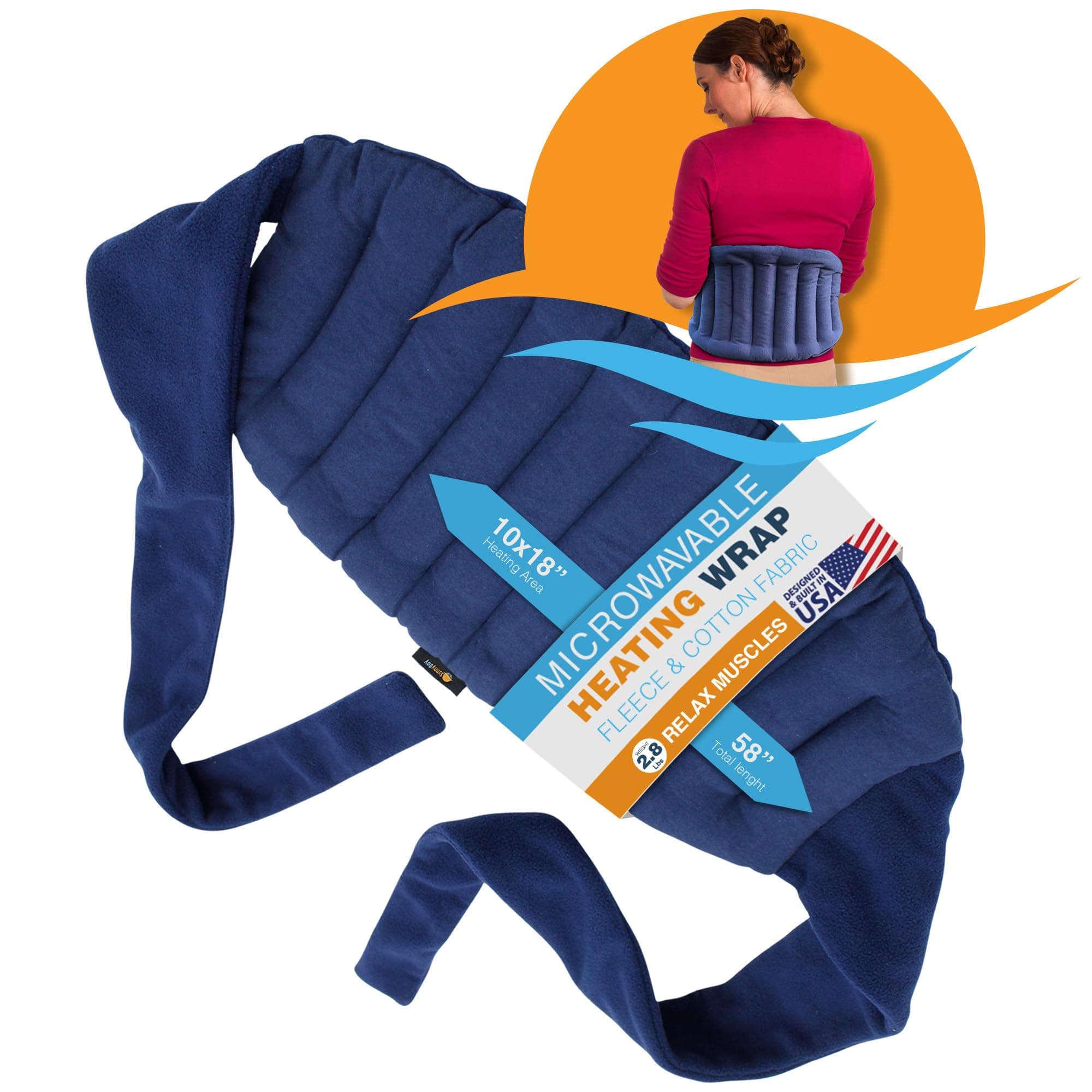 Microwave Heating Pad, Microwavable Moist Hot or Cool Bean Bag Wrap for Neck, Shoulder, Knee, or Back Pain with Fastening Straps, 10x18 Inch Heating Area, 2.8 Lbs, 58 Inches