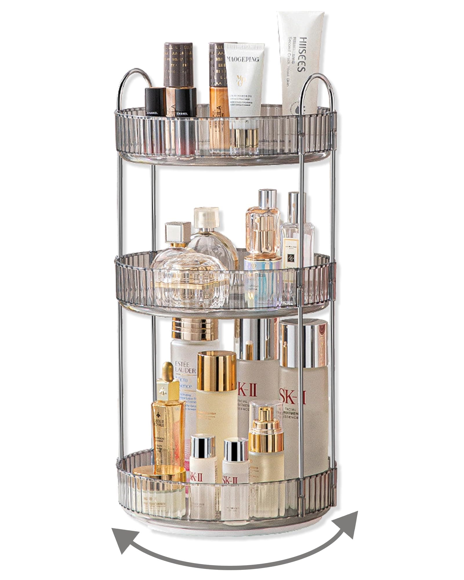 360 Rotating Makeup Organizer,3 Tier Large Capacity Make Up Organizers and Storage,Makeup Organizer for Bathroom,Cosmetic Perfume Stand Organizer(Grey-3 Tier)