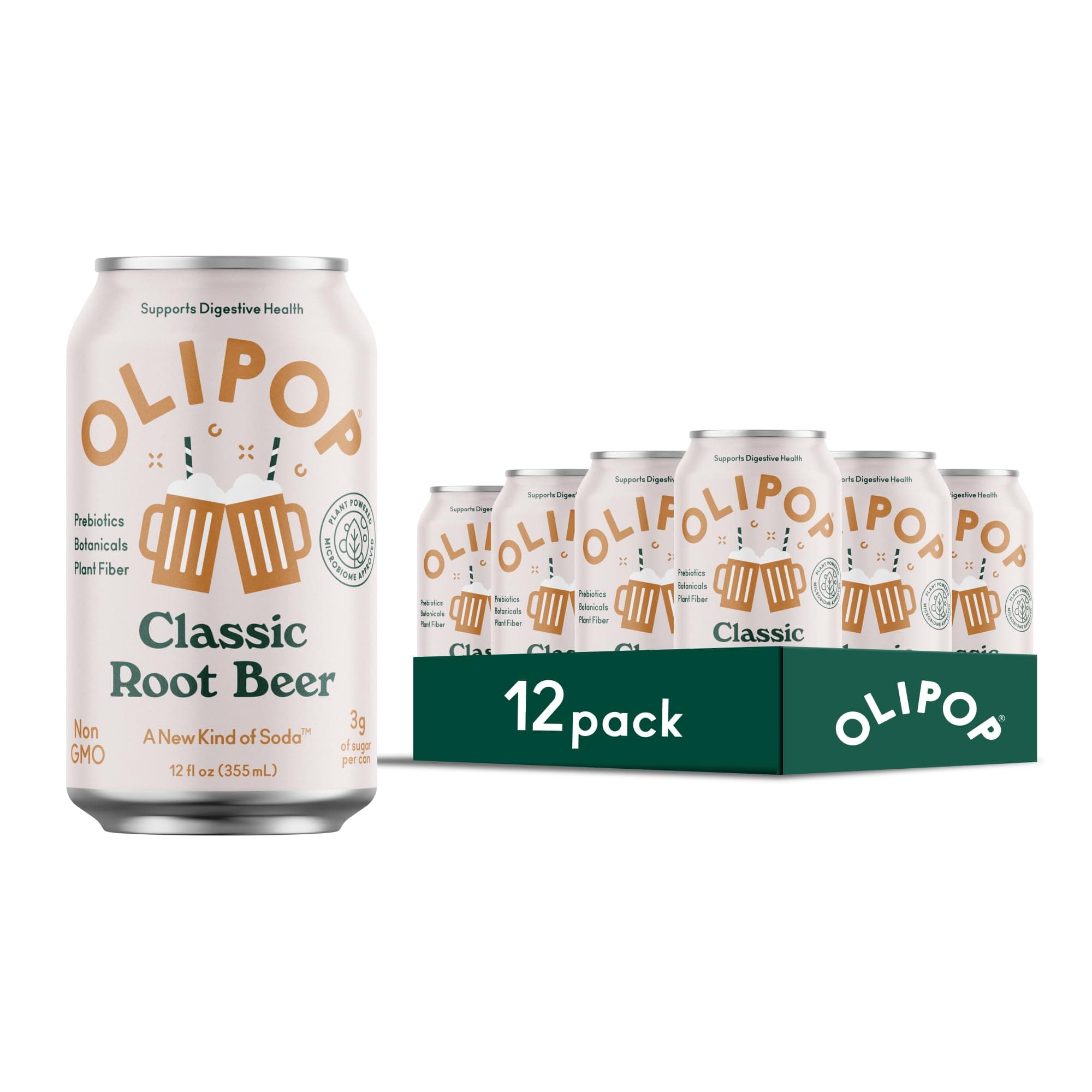 OLIPOP Prebiotic Soda Pop, Classic Root Beer, Pantry Pack Packed with Prebiotics, Fiber, and Botanicals, Gluten Free, GMO Free, 12oz (12-Cans)