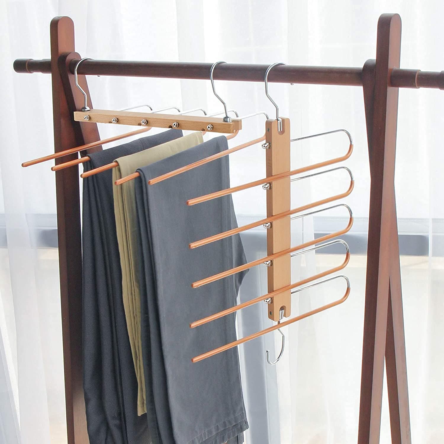 Magic Pants Hangers, Space Saving Closet Hangers 5 Layers 2 Uses Multi Functional Pants Rack | Solid Metal & Wood Heavy Duty Wardrobe Organizer Racks for Clothes Trousers Scarves Ties (1 Pack-Gold)