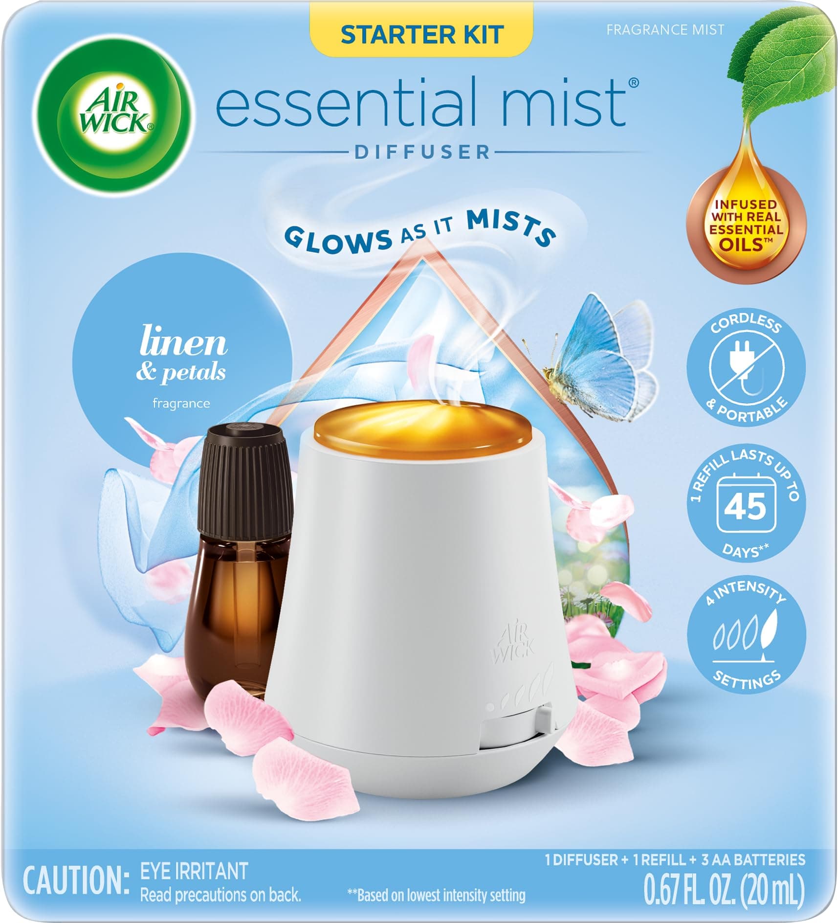 Air Wick Essential Mist Starter Kit (Gadget + 1 Refill), Linen & Petals, Air Freshener, Essential Oils