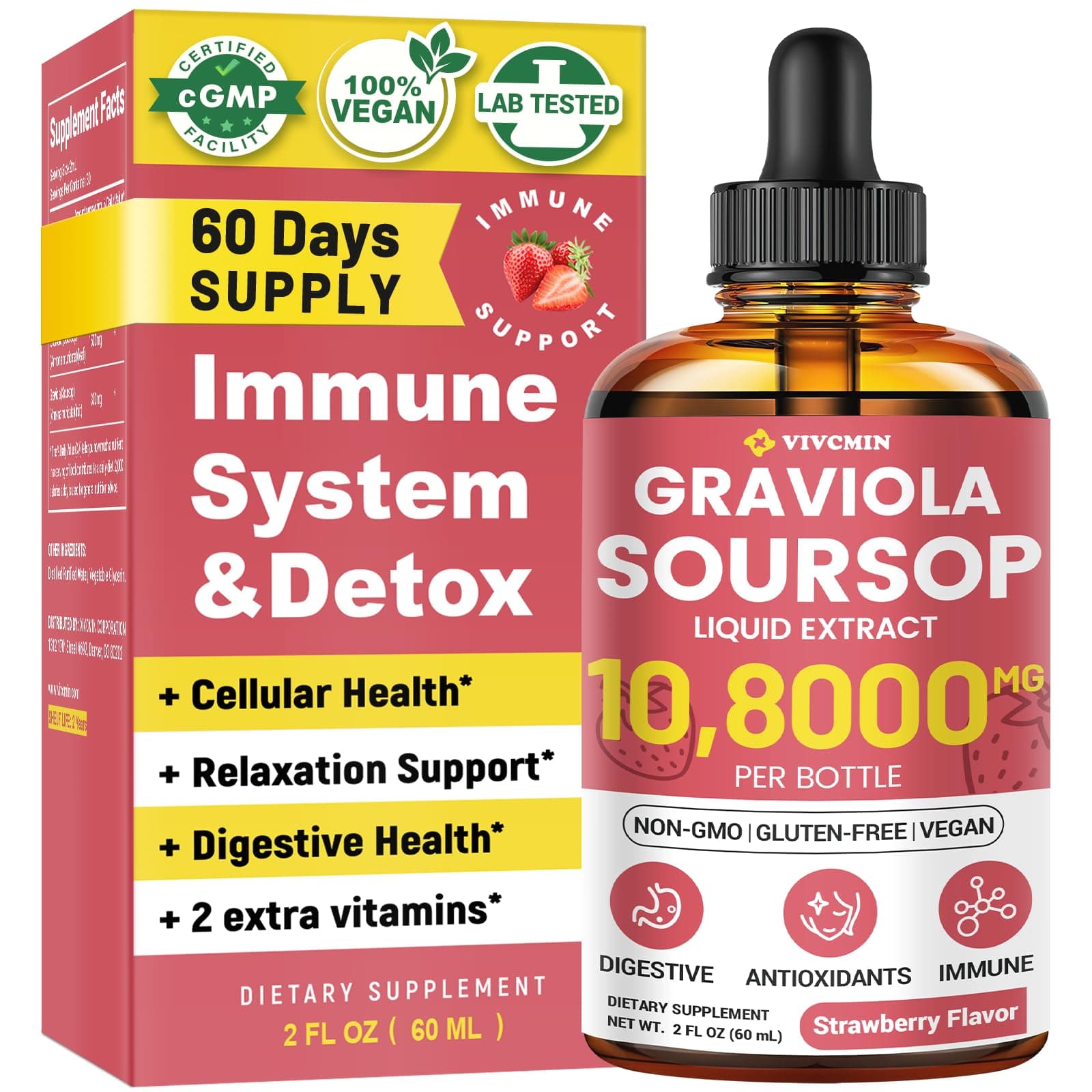 vivcmin Graviola Soursop Leaf Extract Liquid - Soursop Bitters Liquid, Support Immune, Relax, Liver and Sleep, Sugar & Alcohol-Free, Highly Absorbable Formula, Strawberry Flavor, 2 Fl Oz
