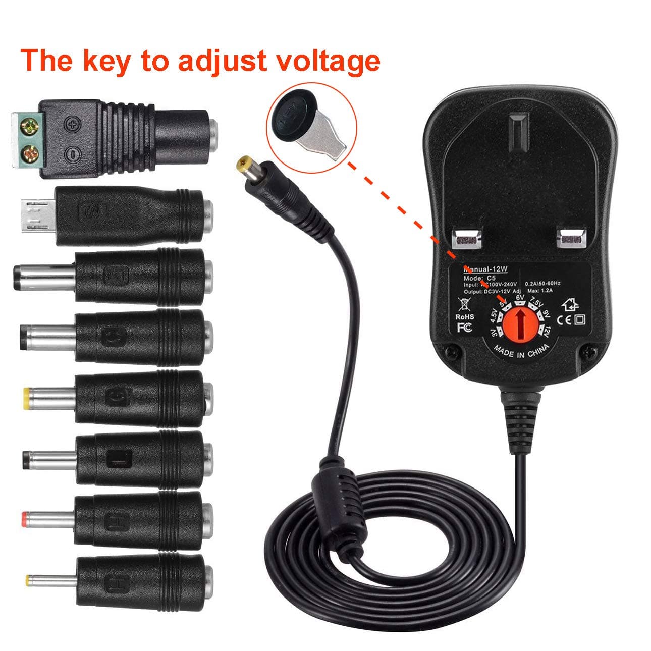 12W Universal Power Adapter Plug Multi Voltage 3V 4.5V 5V 6V 7.5V 9V 12V AC DC Power Supply Charger 3V-12V 8 Tips Connectors