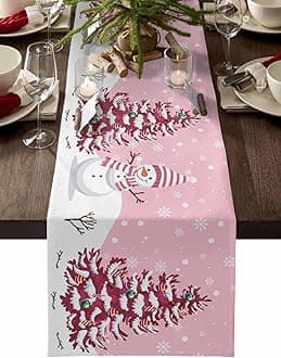 Christmas Table Runner - Cotton Linen 72 Inches, Snowman Rustic Pink Snowflake Bed Runner Dress Scarves, Farm Xmas Tablerunner for Dining/Holiday/Coffee Table 13" x 72"